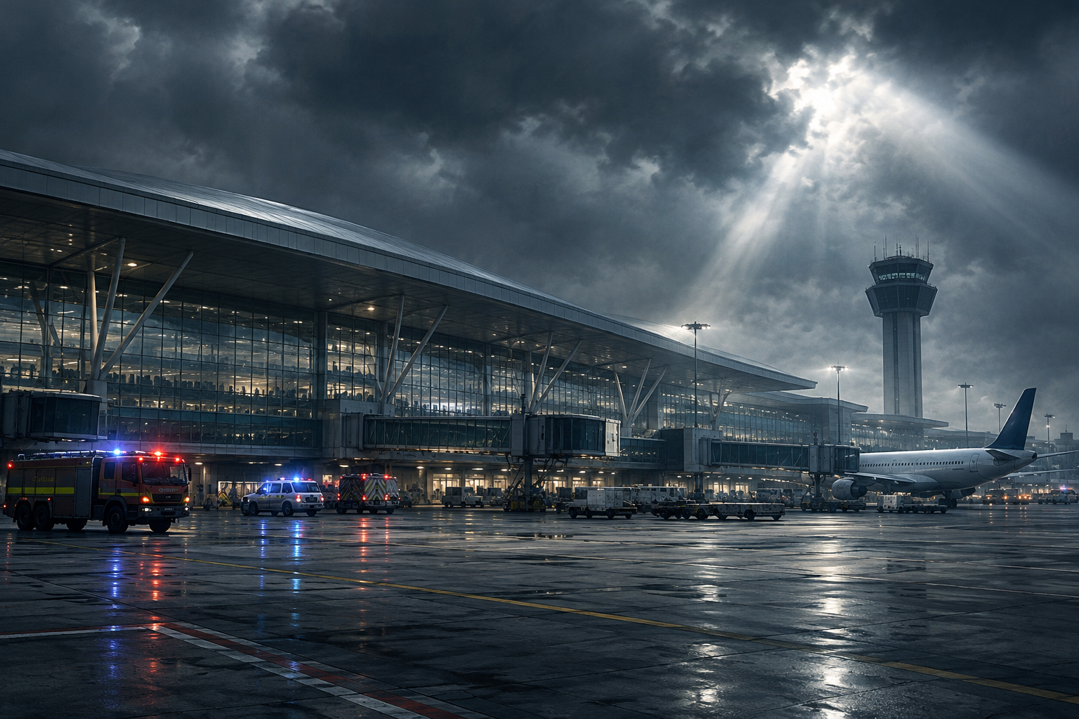 Editorial illustration of a large international airport terminal under tense, dramatic lighting.
