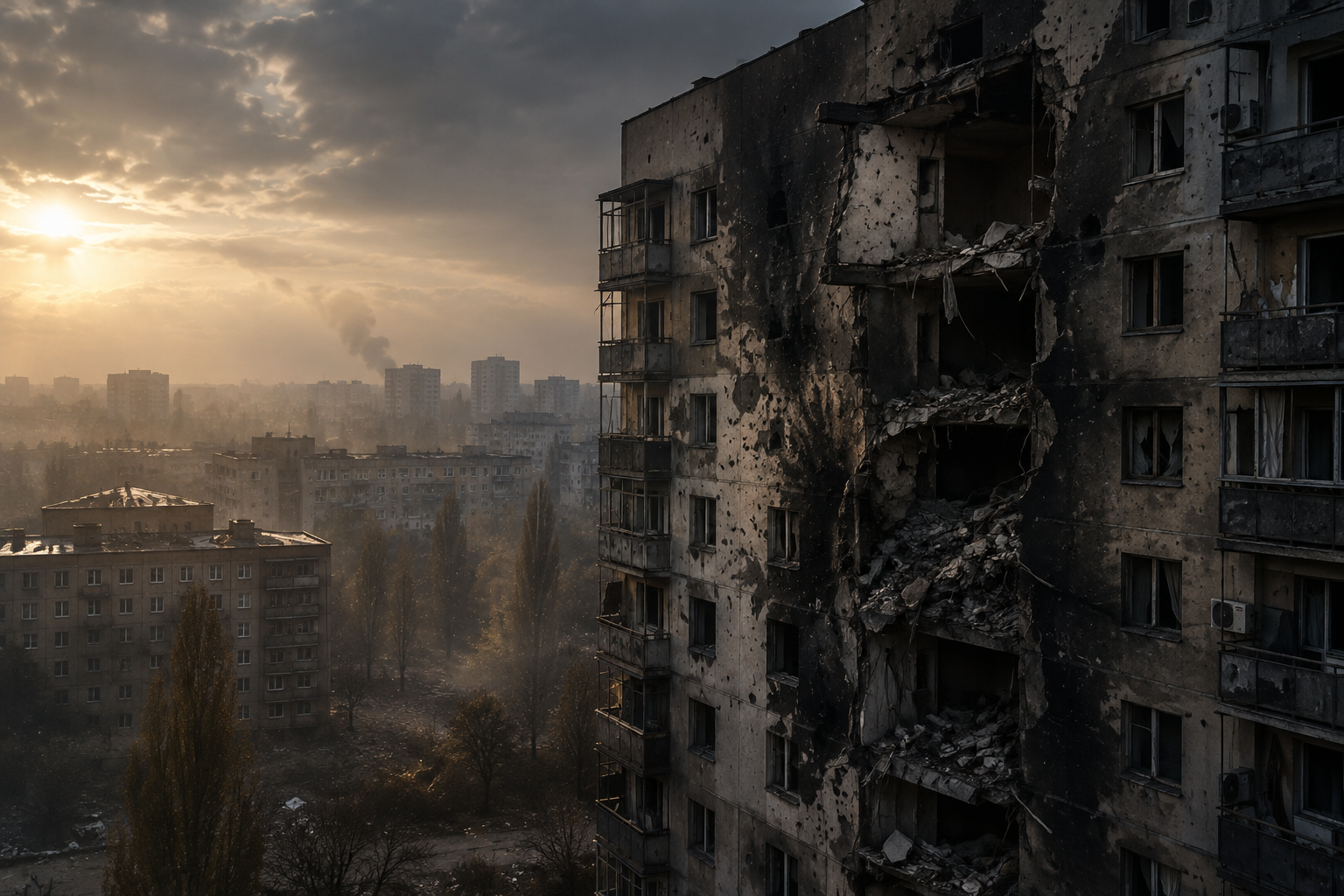 Editorial illustration of damaged residential buildings following an aerial strike, emphasizing texture and subdued lighting.