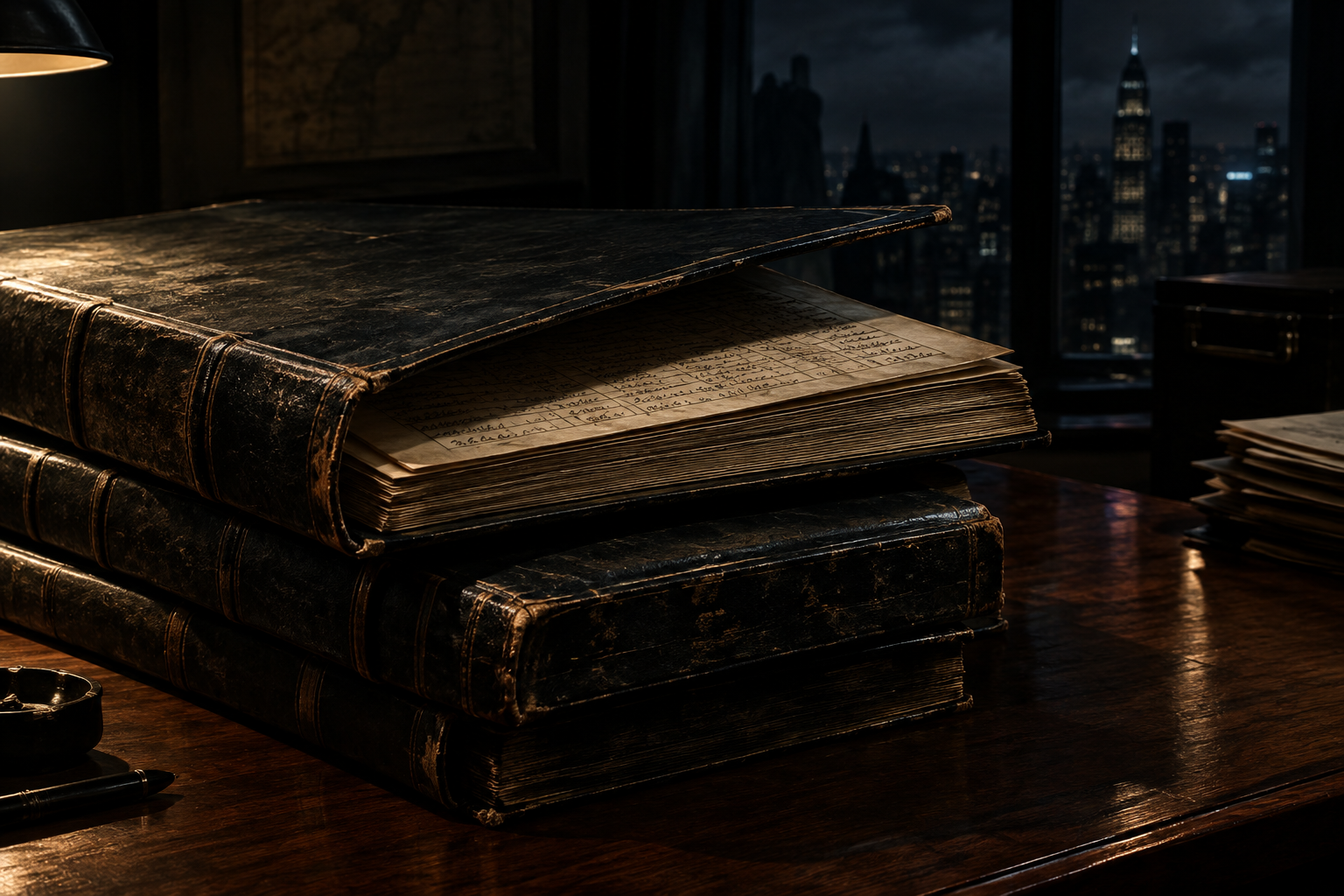 A stack of heavy, dark ledger books on a polished wooden surface under dramatic, focused lighting.