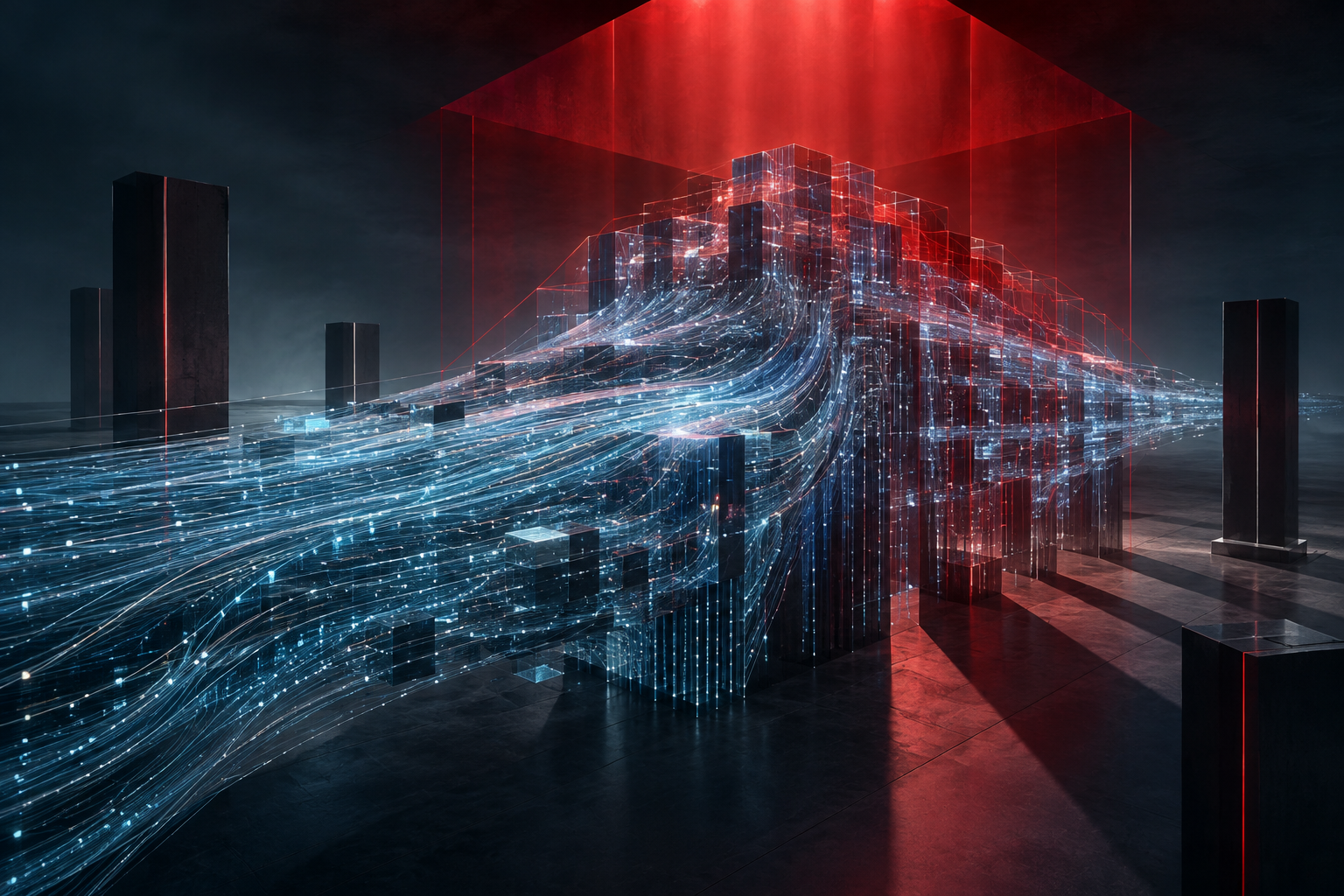 Conceptual illustration of digital oversight, showing a complex, semi-transparent data network being enveloped by a structured, authoritative crimson light.