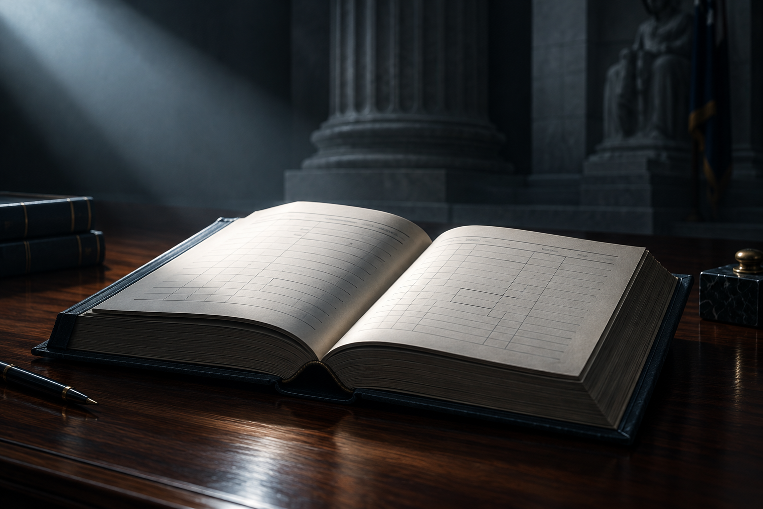 A conceptual illustration of a heavy, official ledger under a focused beam of light, symbolizing administrative accountability and potential disciplinary action.