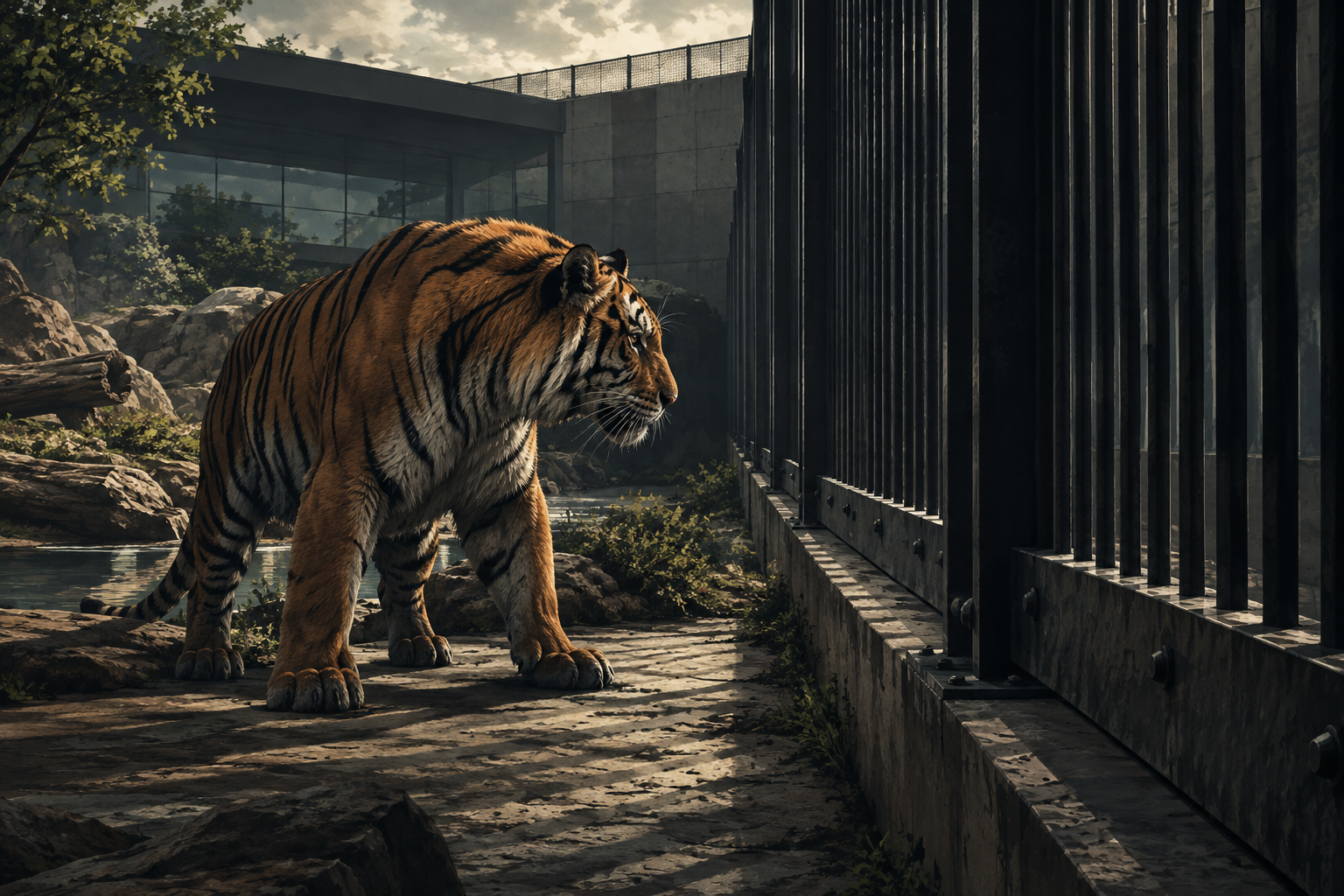 A dramatic illustration of a tiger contained within a modern wildlife park enclosure, emphasizing the boundary between the animal and its habitat.