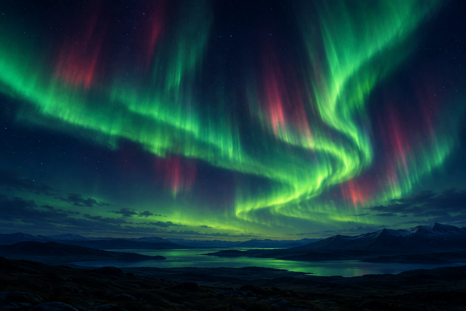 Vibrant Northern Lights illuminate a dark, expansive night sky over a distant, shadowed landscape.
