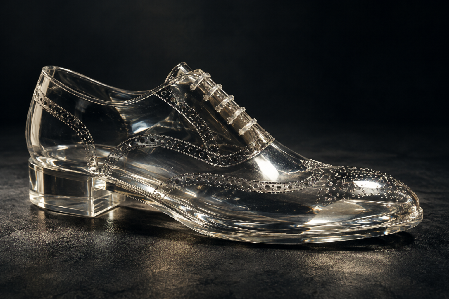 A conceptual, transparent brogue shoe resting on a dark surface, emphasizing its unusual material and form.