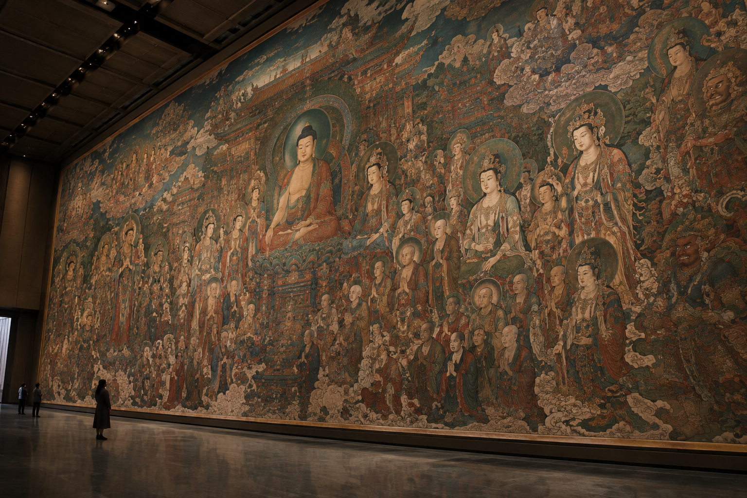 A massive, detailed Buddhist assembly mural dominates a grand museum gallery, emphasizing its monumental scale and intricate artistry.
