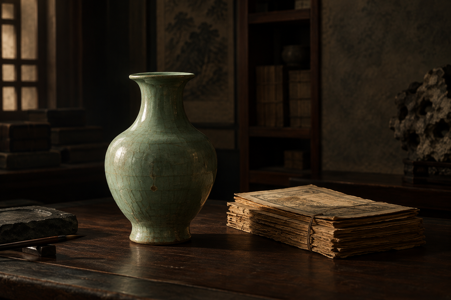Editorial illustration of a celadon ceramic piece and aged paper stock displayed in a sophisticated, dimly lit study, emphasizing quality and historical pursuit.