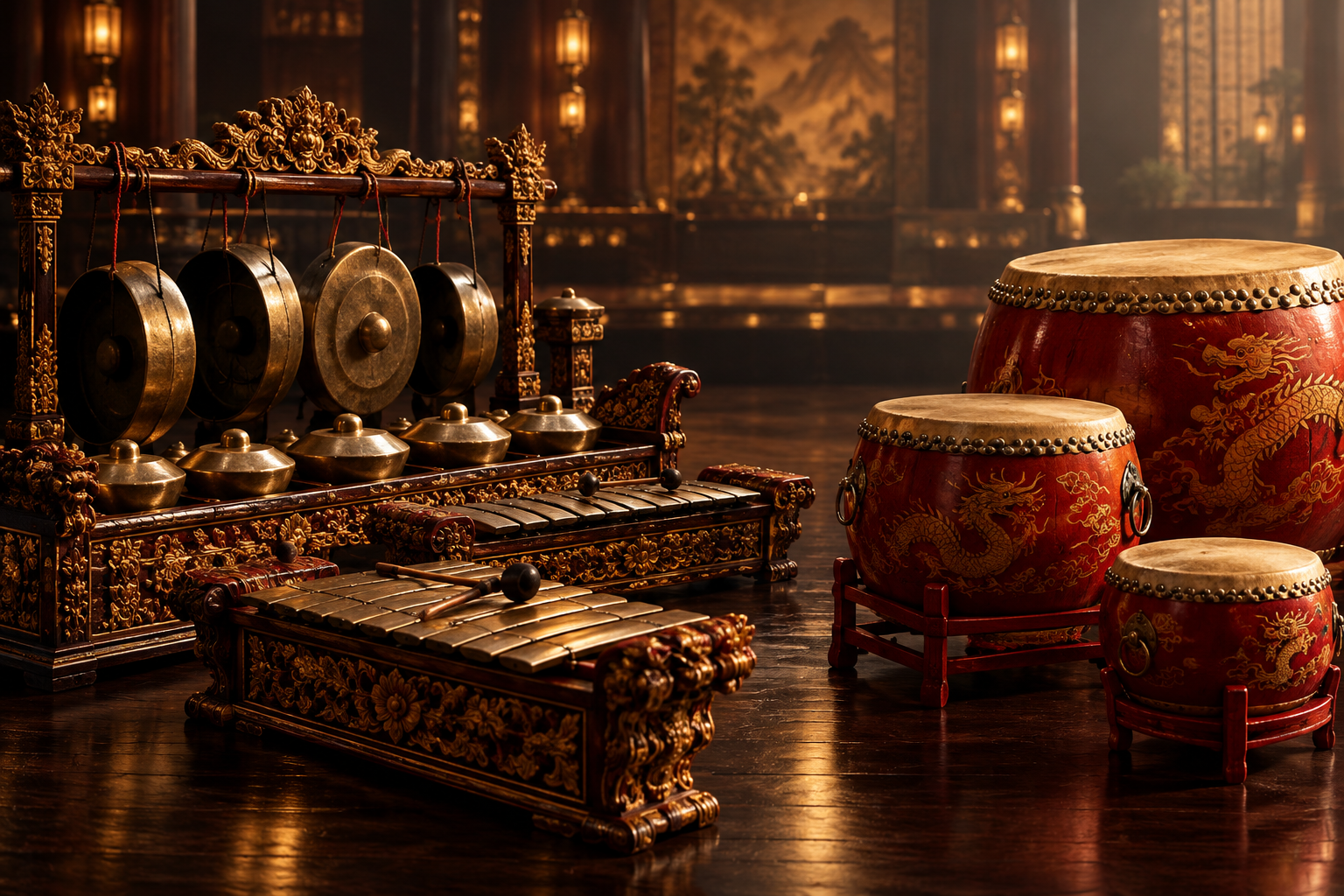 Editorial illustration of traditional percussion instruments from Balinese gamelan and Chinese festive drums arranged in a sophisticated, dramatic setting.