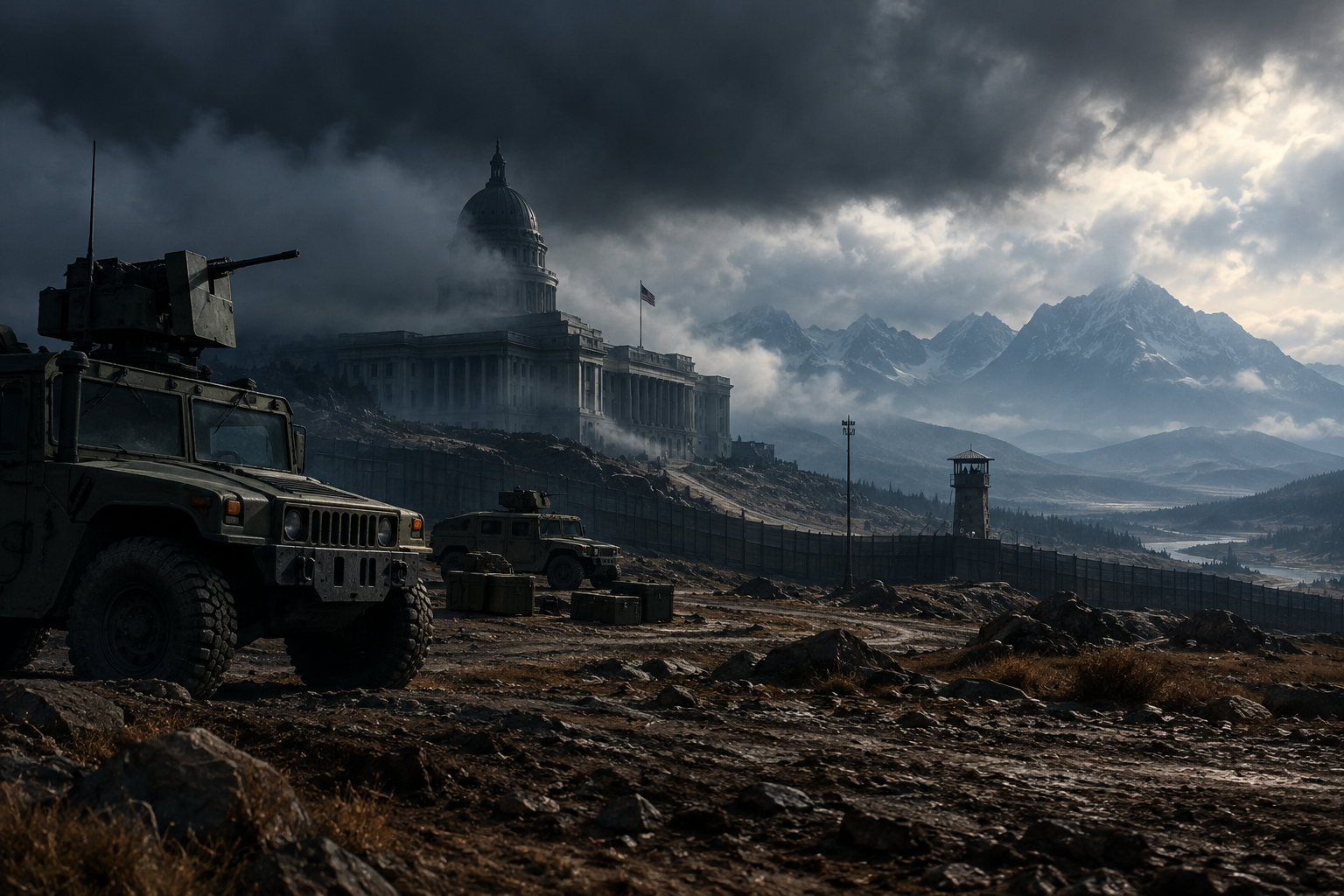 Editorial illustration of a rugged, tense border region under governmental scrutiny, featuring imposing structures and military equipment in dramatic lighting.