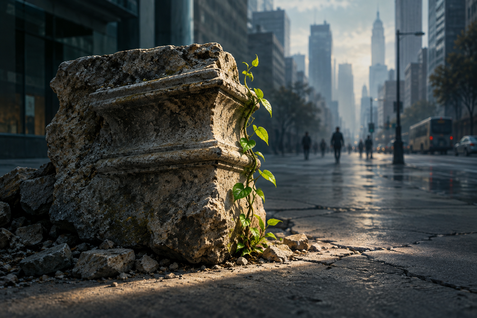 Editorial illustration of a weathered stone foundation fragment with a single green vine growing from it, set against a muted, modern city backdrop, symbolizing preserved memory.