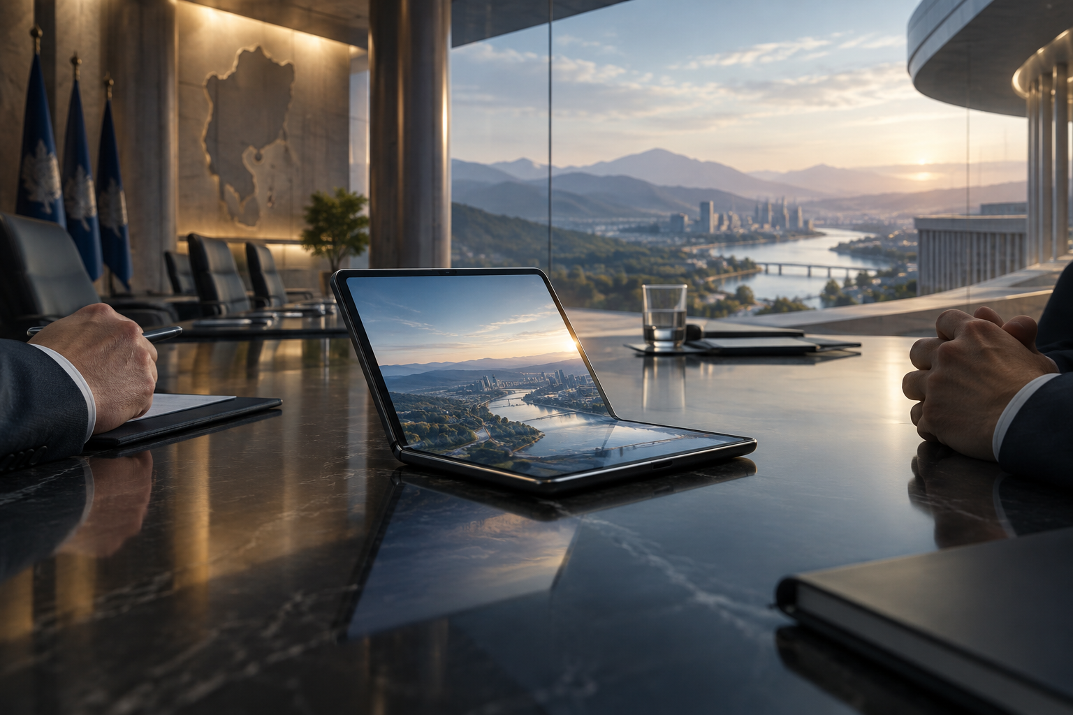 Editorial illustration of a conceptual meeting setting featuring a sleek, unbranded foldable electronic device on a polished surface, symbolizing technology and regional partnership.