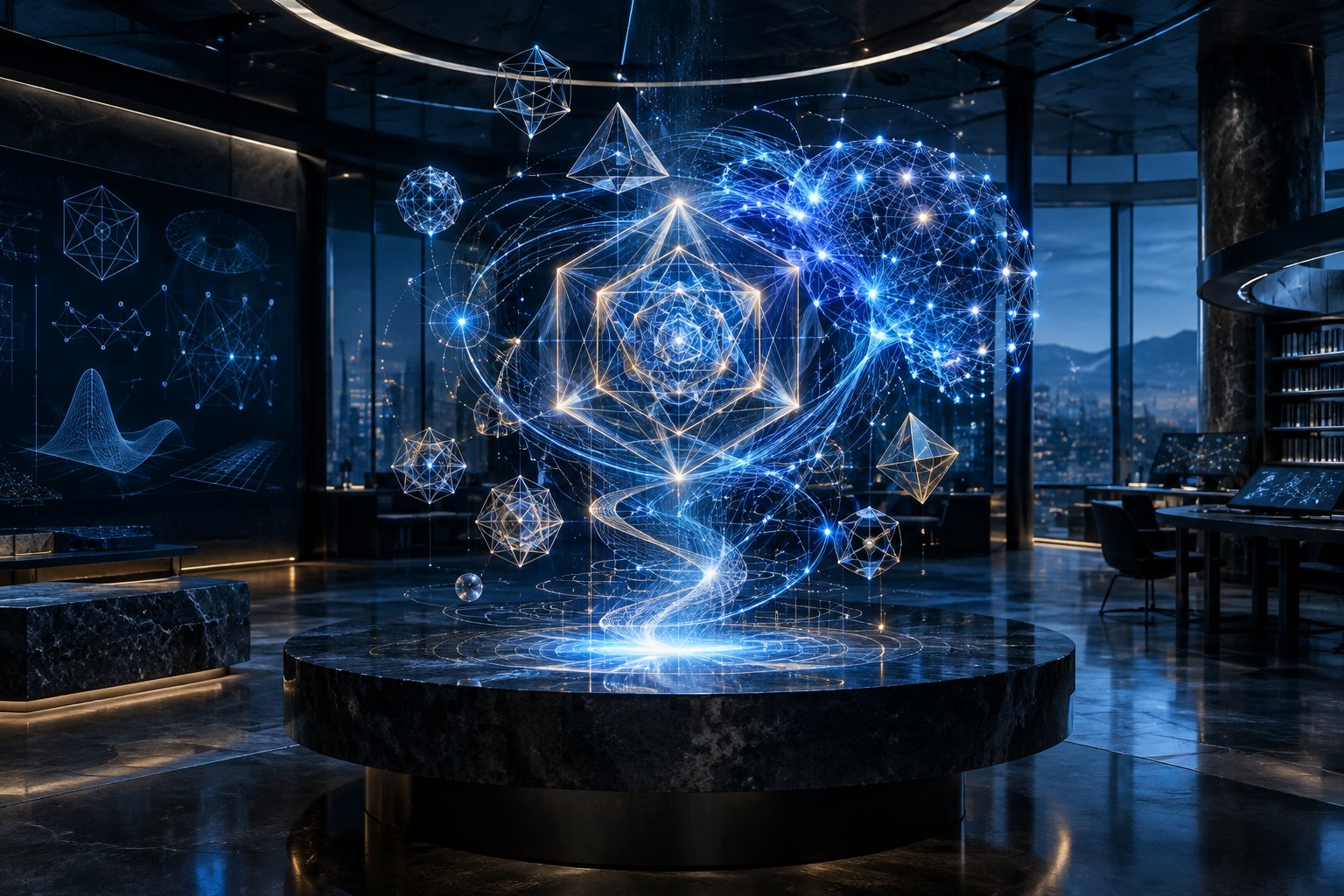 Abstract illustration depicting the integration of complex mathematical geometry with luminous artificial intelligence networks in a modern, sophisticated laboratory setting.