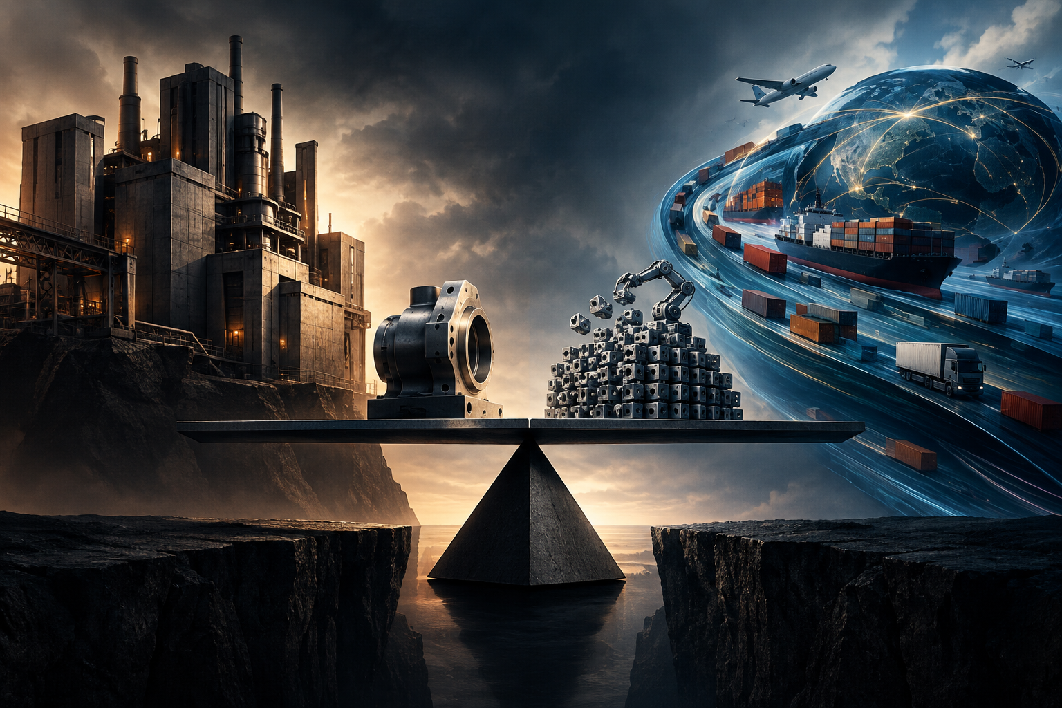 Conceptual illustration of industrial tension between established European industry and rapidly expanding global trade forces.