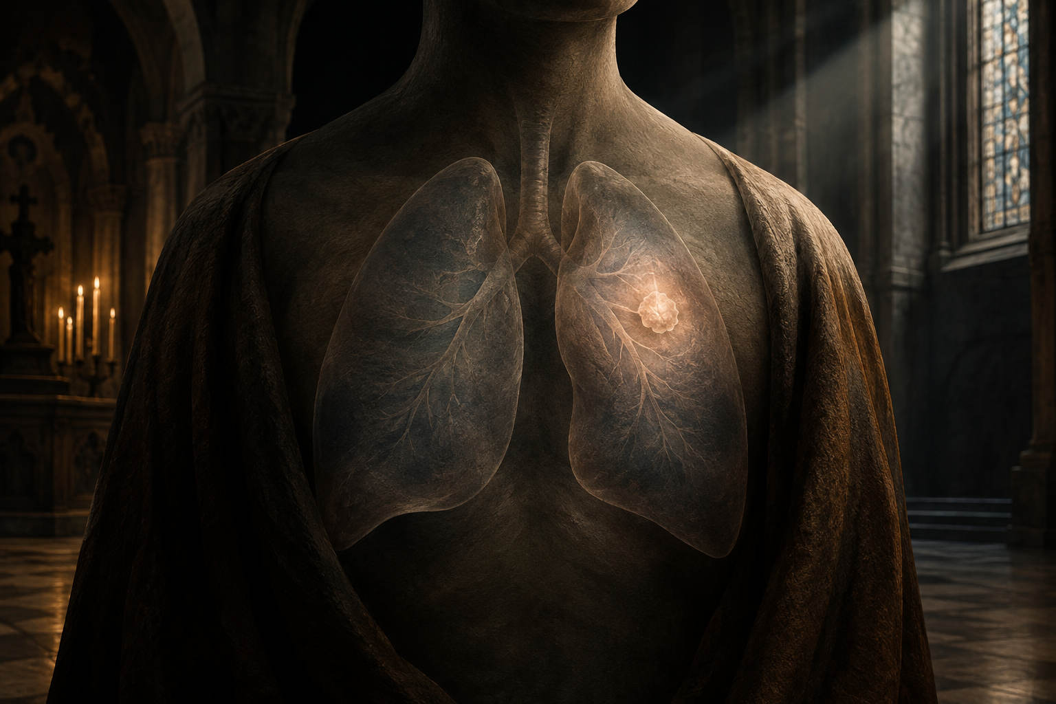 Abstract editorial illustration focusing on a small, contained growth within a stylized human chest area, set in a solemn, grand interior.