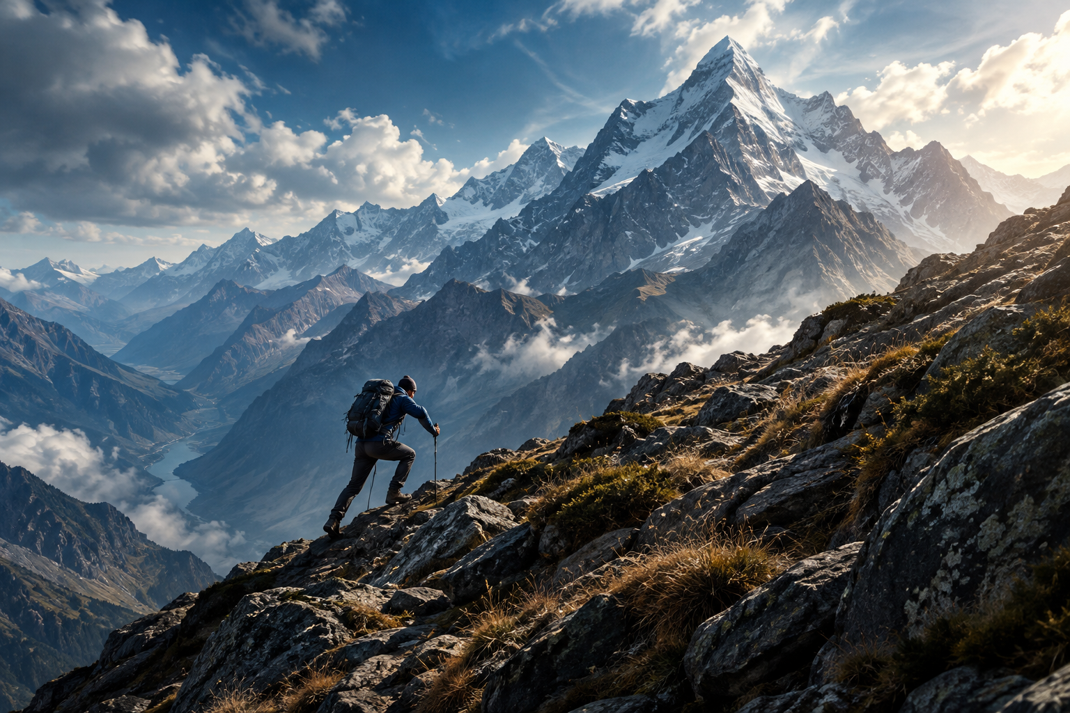 Editorial illustration of a solitary figure ascending a steep, rugged mountain range under dramatic lighting.