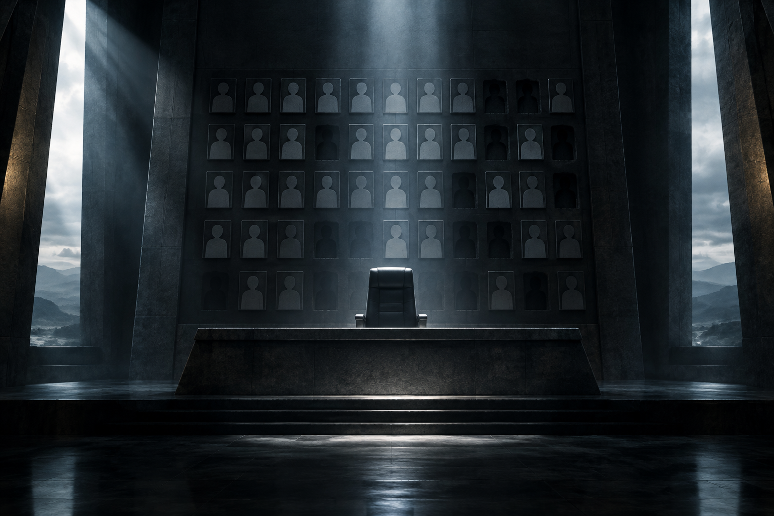 Conceptual illustration of a military command center showing a sense of manpower shortage through empty spaces and heavy, somber atmosphere.