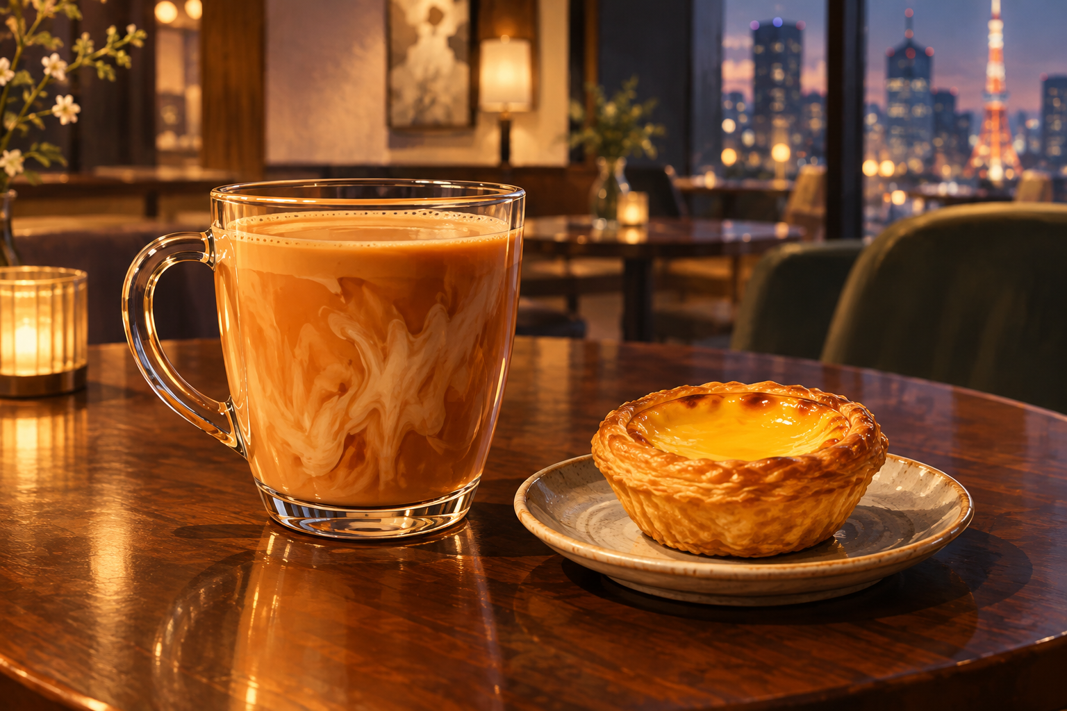 A close-up, sophisticated editorial illustration of a glass mug of rich milk tea next to a single egg tart on a dark wooden table in a softly lit cafe.
