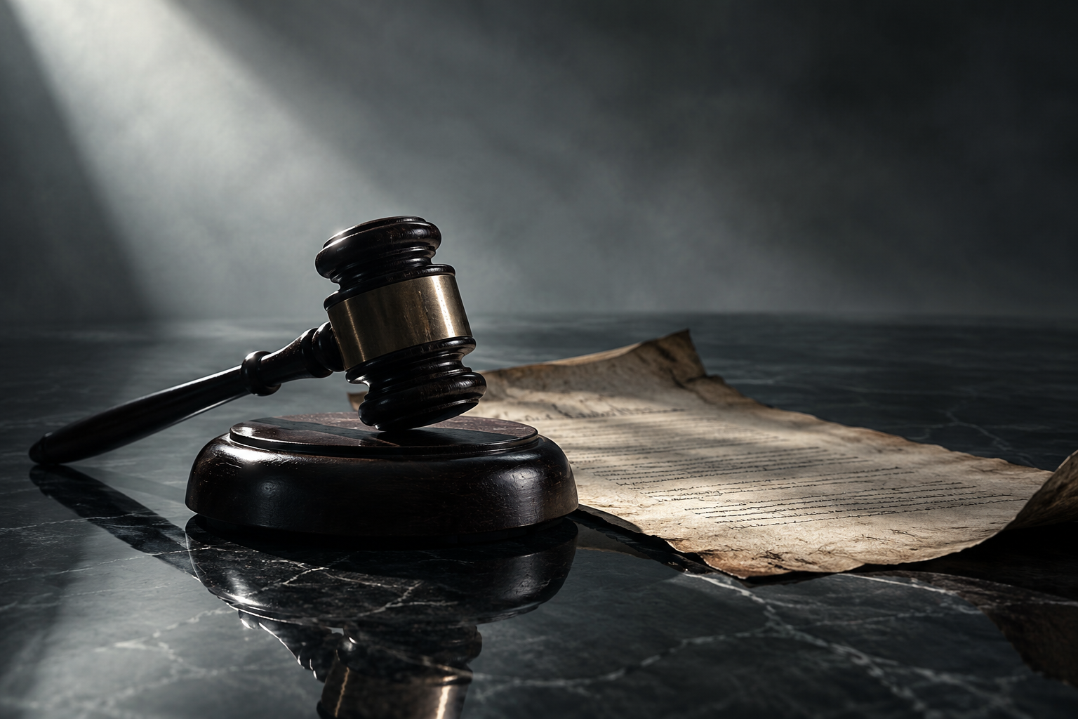 A dramatic, high-contrast illustration of a heavy wooden gavel resting on a reflective surface next to an aged legal document, symbolizing legal proceedings and unresolved conflict.
