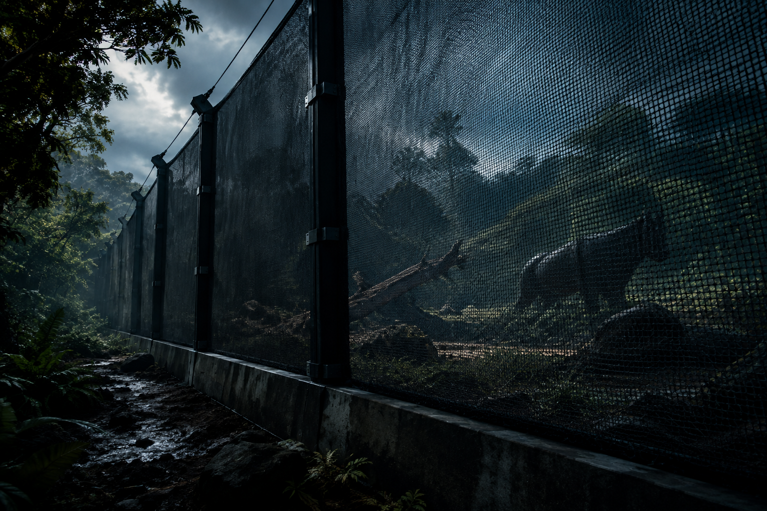 A conceptual illustration of a large, dark mesh enclosure barrier set against dense foliage, emphasizing containment and a somber atmosphere.
