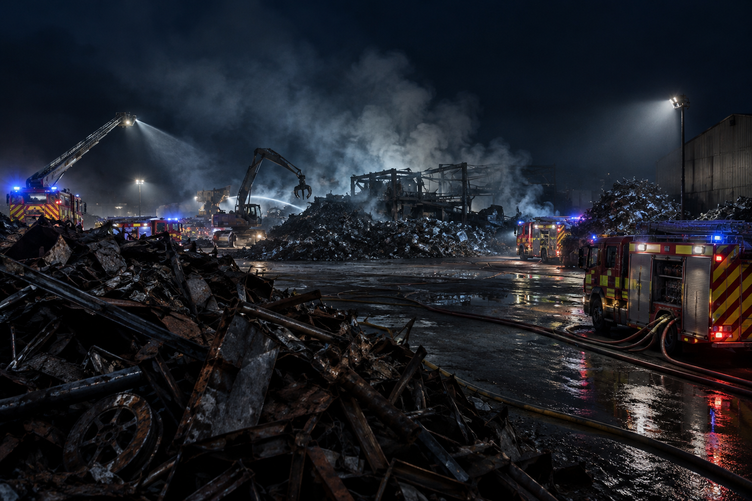 Editorial illustration of fire engines at a large, smoky scrapyard scene at night.