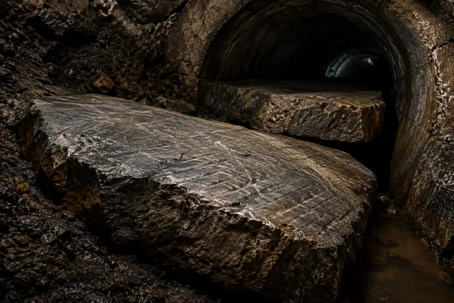 Weathered stone slabs with visible chisel marks emerging from an old drainage culvert.