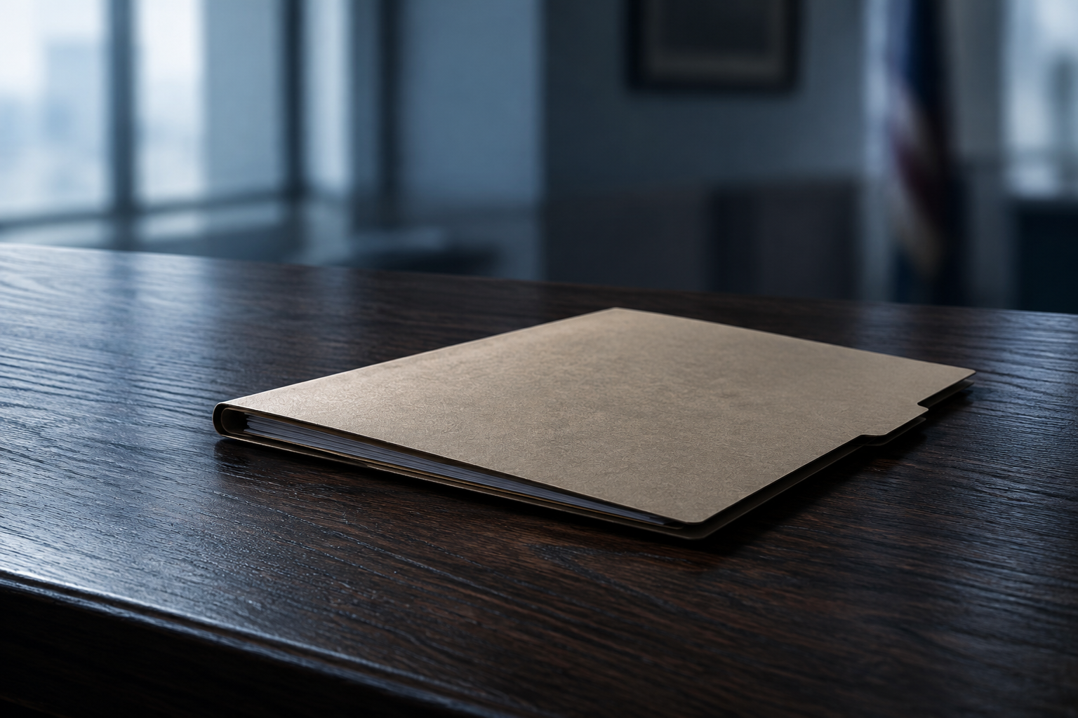 A closed, dark file folder rests on a wooden desk in a softly lit, professional office setting.