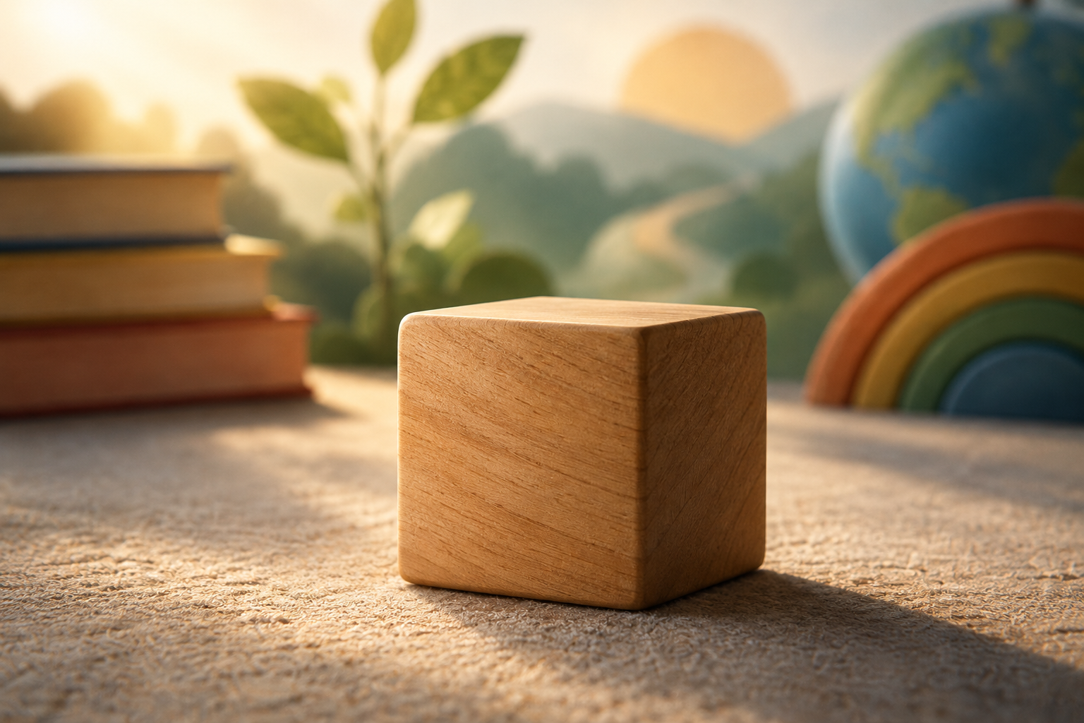 A conceptual illustration of a single wooden block on a textured surface, symbolizing early childhood development and foundational skills.