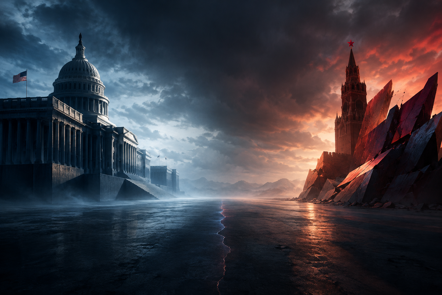 Conceptual illustration depicting geopolitical tension between two abstract forces.