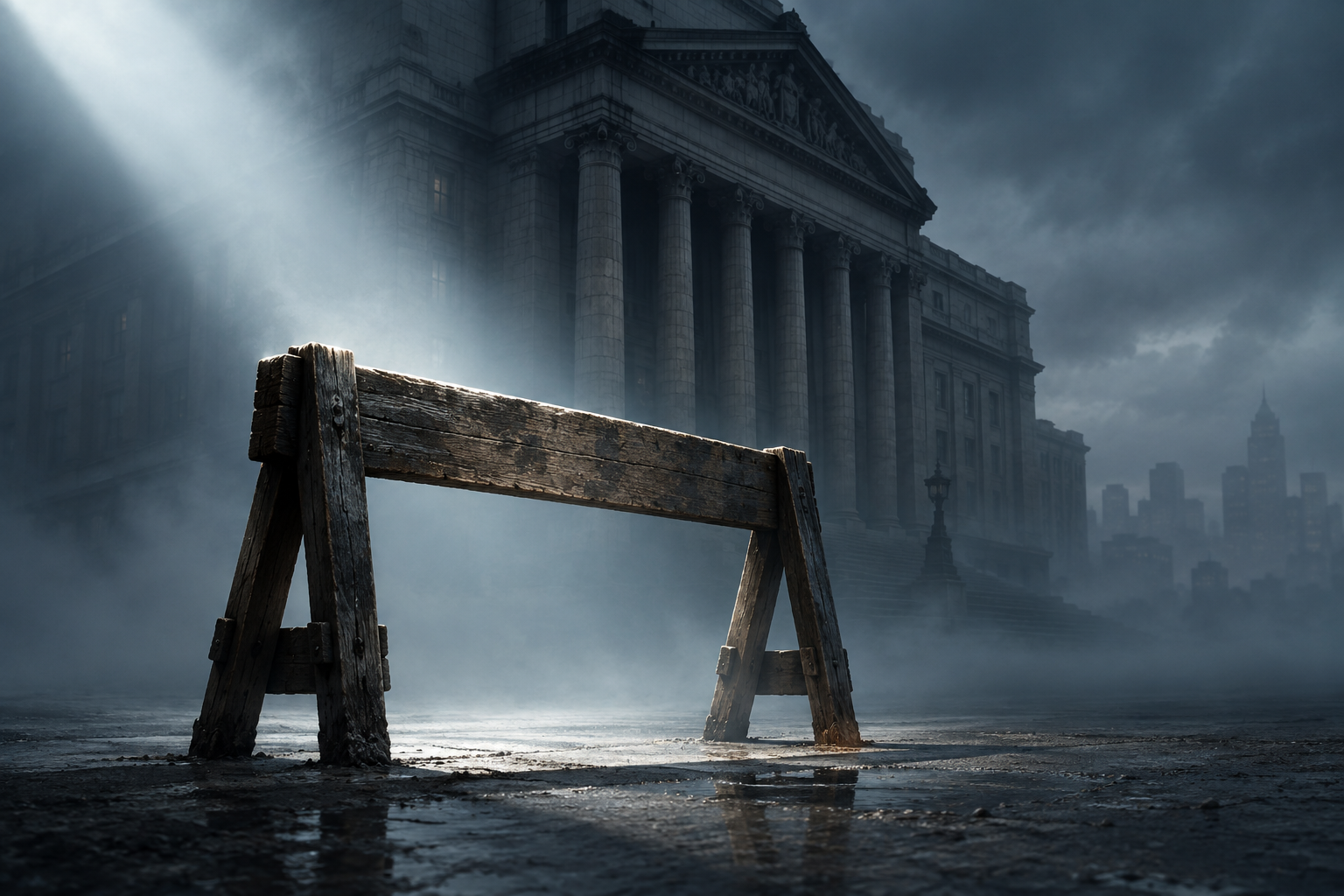 A conceptual illustration of a heavy stone structure partially obscured by mist, with a single, weathered wooden barrier in the foreground, illuminated by a dramatic beam of light.