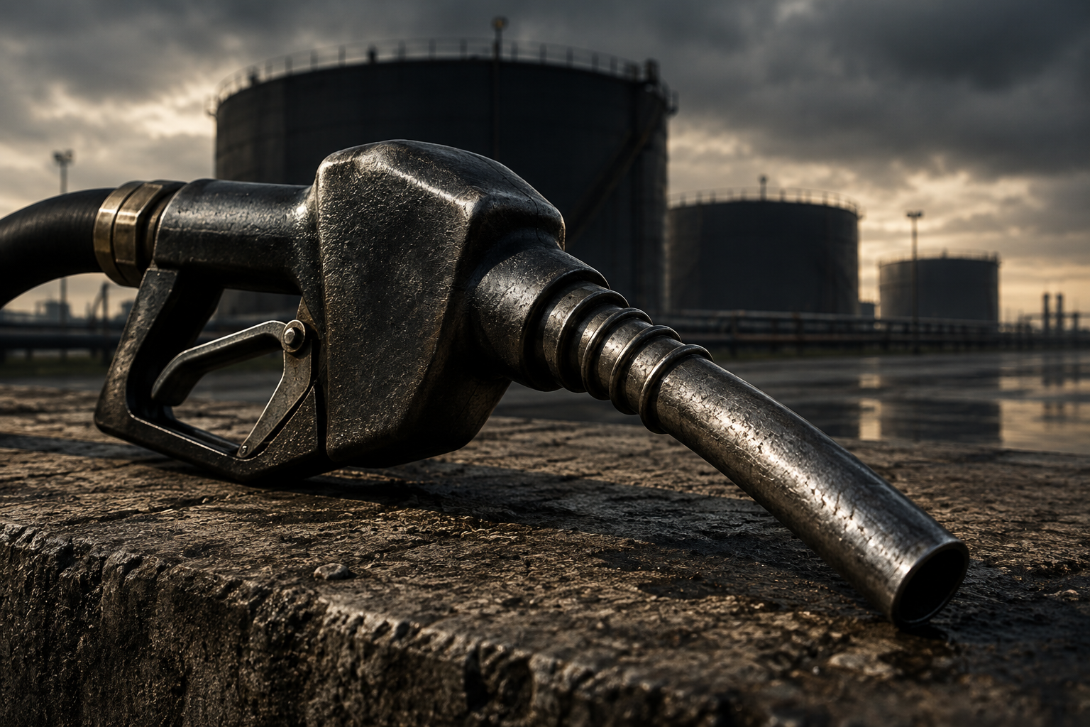A close-up of a heavy, industrial diesel fuel pump nozzle resting on rough concrete, set against a blurred backdrop of storage tanks under an overcast sky, conveying a sense of weighty consequence.