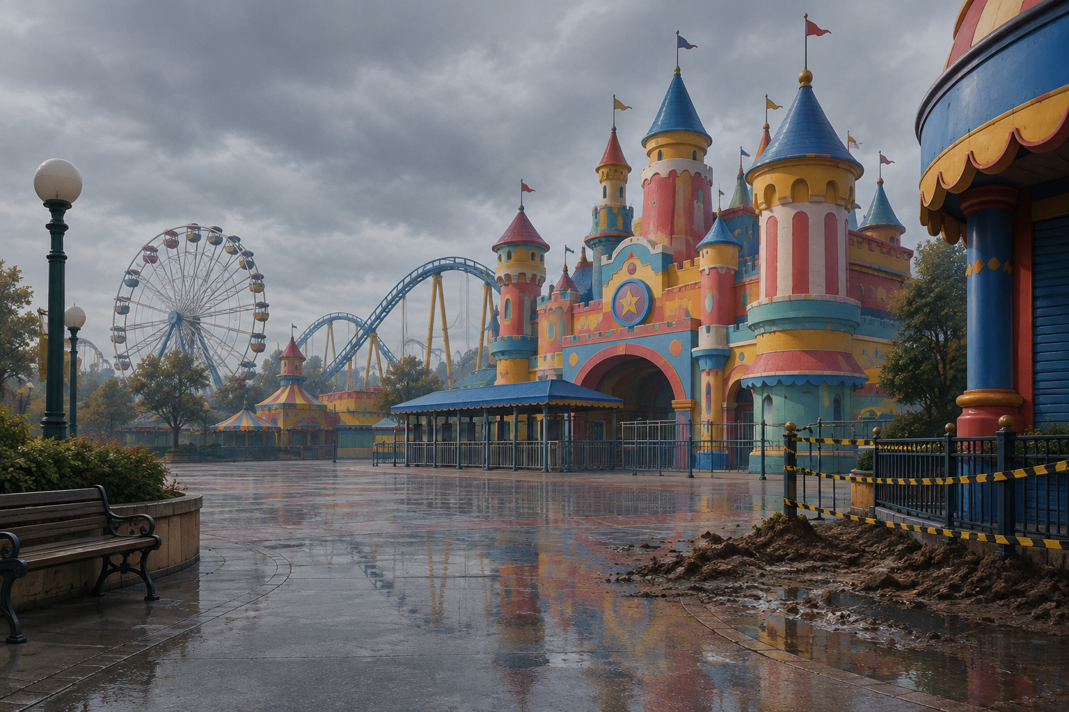 Editorial illustration of a large, colorful amusement park structure in a state of sudden, quiet closure following a water main disruption.