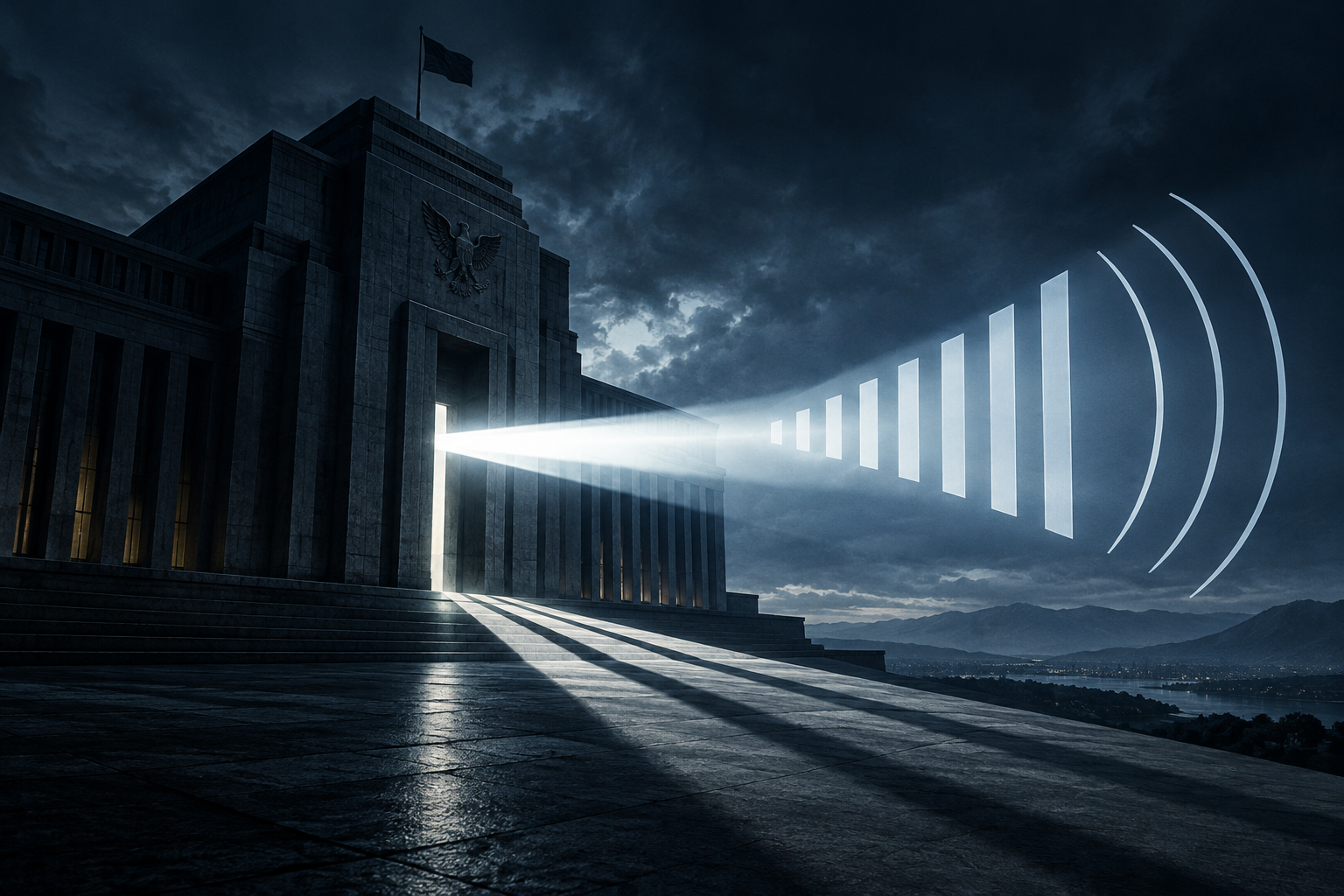 Conceptual illustration of national security and the weight of consequence, featuring a monolithic structure illuminated by a sharp beam of light.