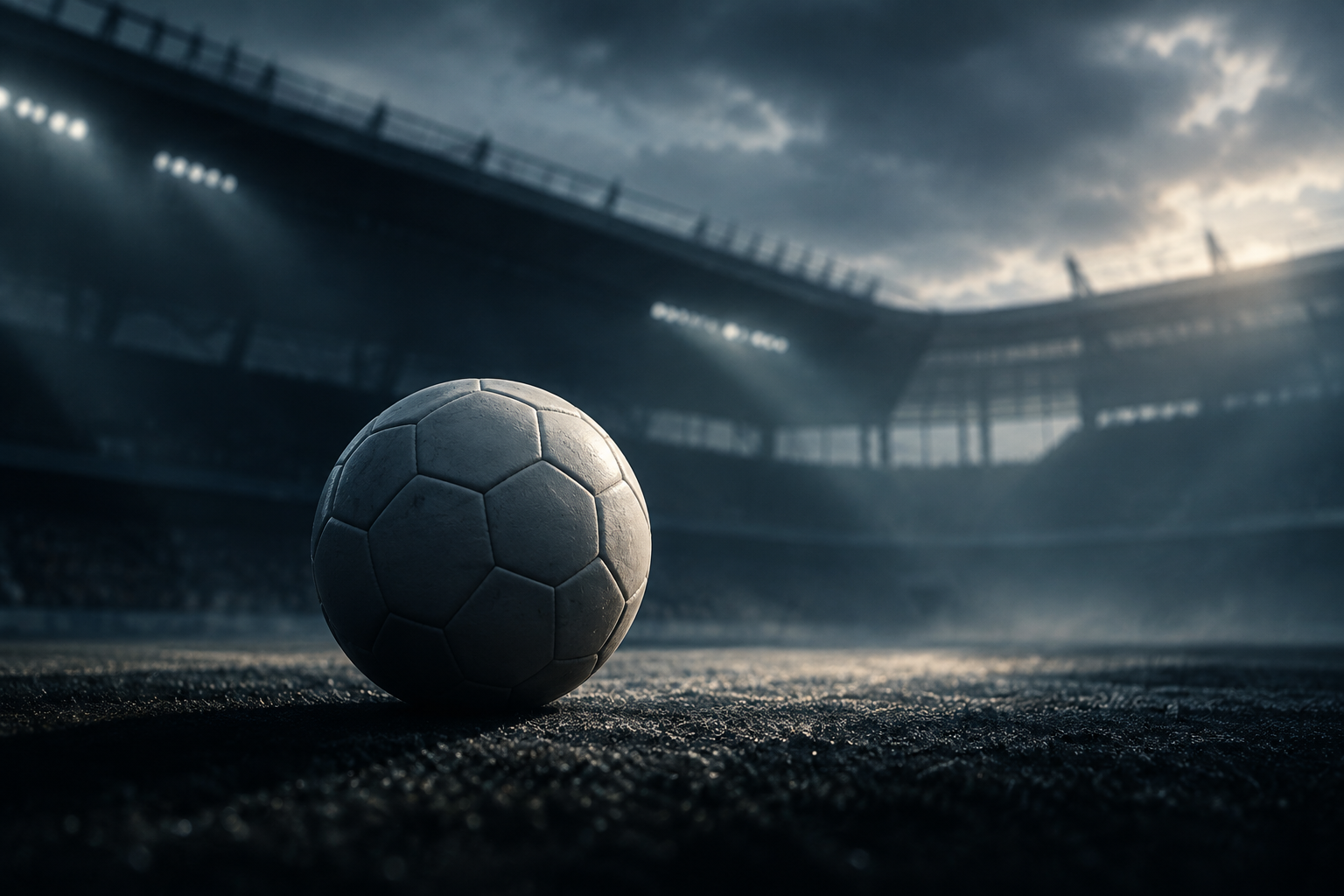 A conceptual illustration of a football resting on a dark surface under dramatic, uncertain lighting, symbolizing a contested victory amidst scrutiny.