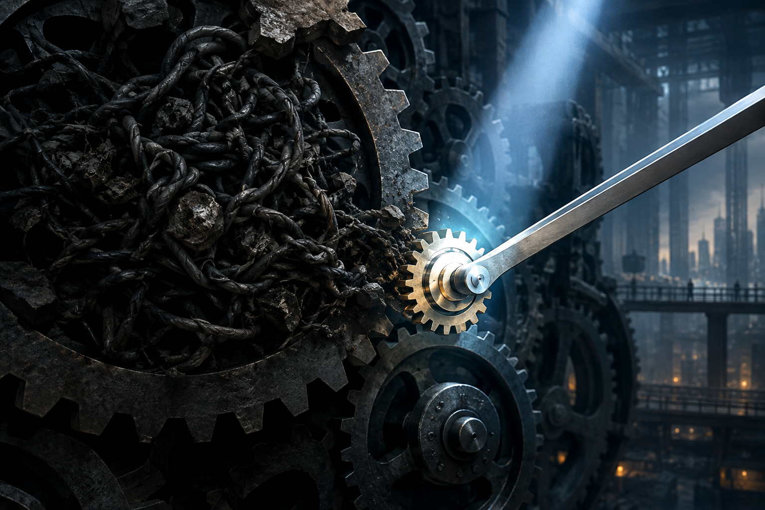 Conceptual illustration of a large, intricate financial gear system where a precise lever engages a focused component amidst tangled, shadowy debt.