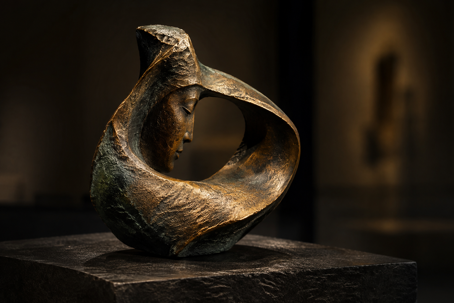 A sculptural piece of jewelry rests on a dark, textured surface, illuminated by focused, dramatic lighting to emphasize its artistic form.