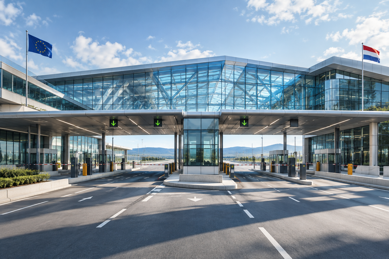 Editorial illustration of a modern, integrated international border checkpoint architecture.