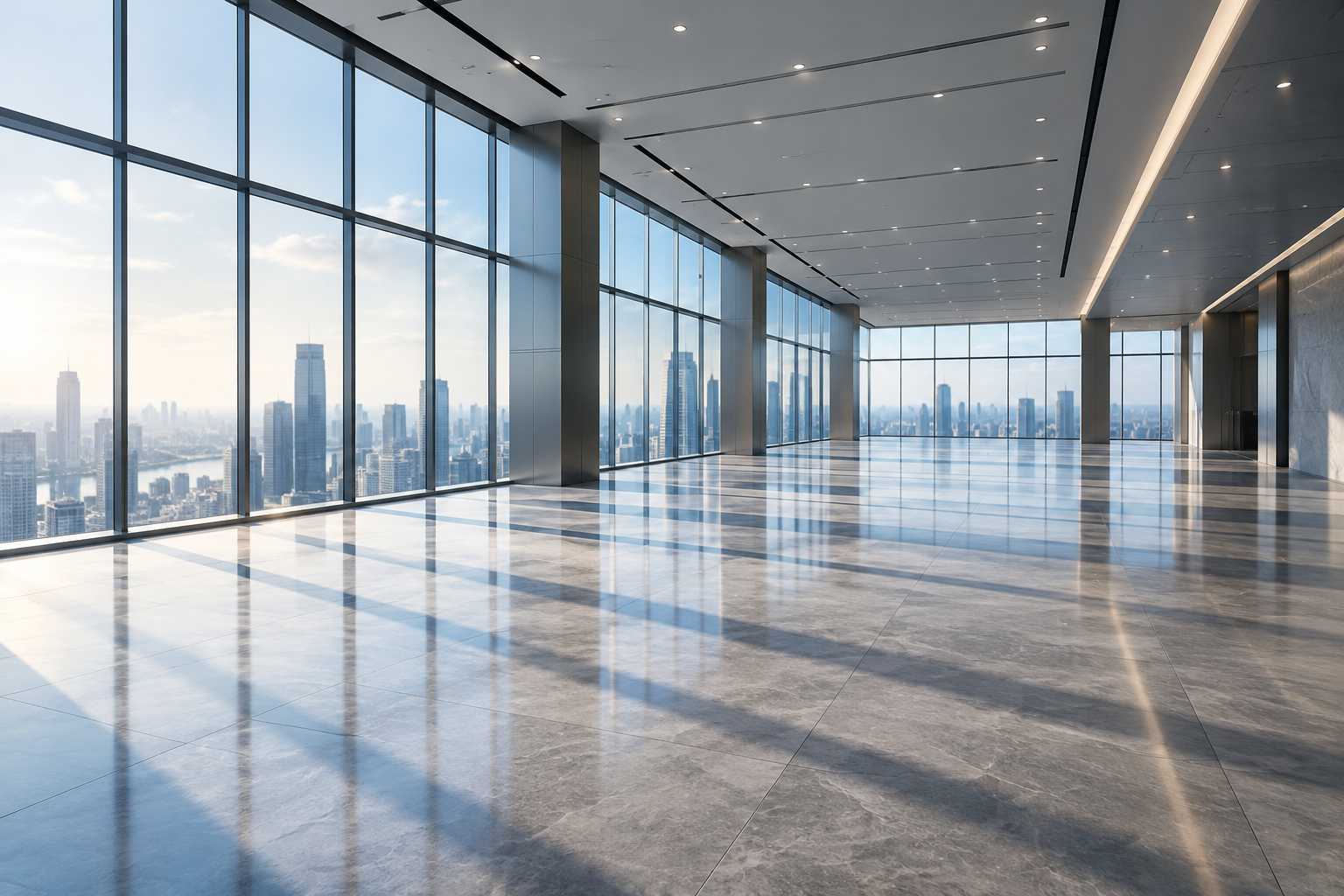 Interior view of a large, empty, modern commercial floor within a skyscraper, emphasizing scale and corporate real estate.