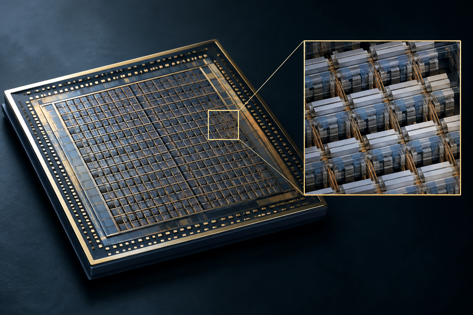 Conceptual illustration of a high-density semiconductor memory chip featuring a proprietary square cell structure.