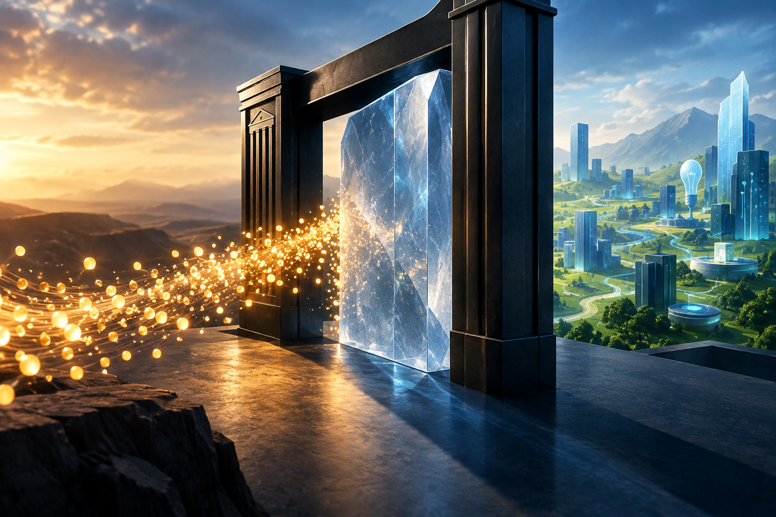 Editorial illustration depicting a financial gateway with a crystalline barrier, symbolizing regulatory hurdles impeding the flow of angel funds into a startup ecosystem.