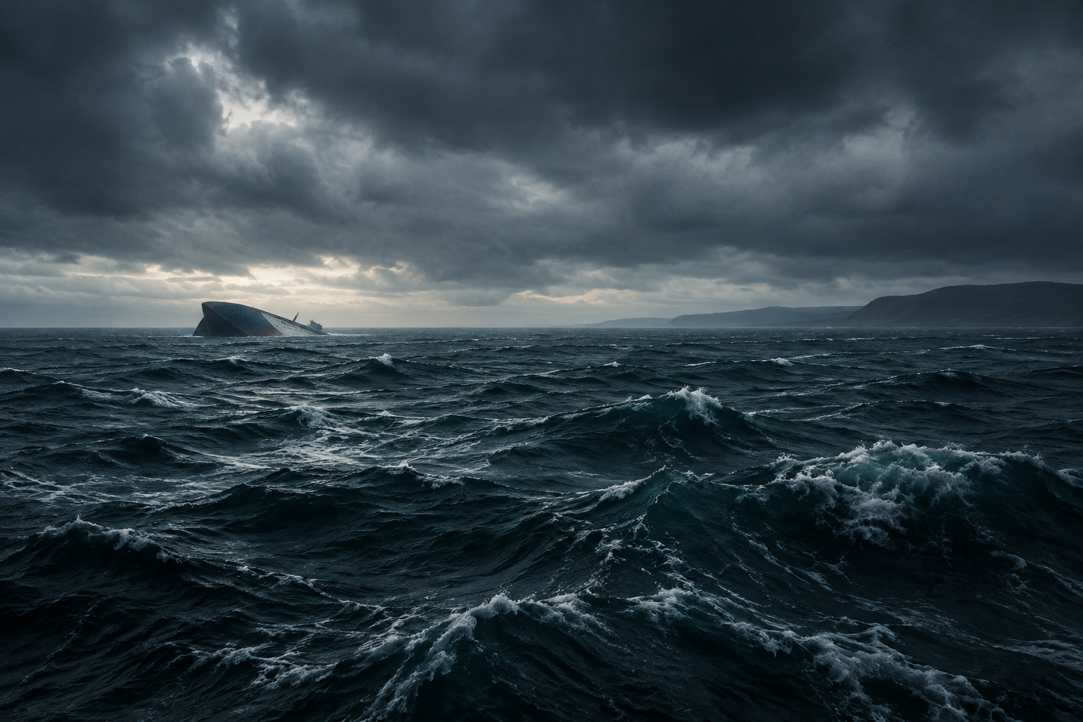 A wide, somber editorial illustration of a turbulent ocean under a heavy sky, suggesting a maritime disaster.