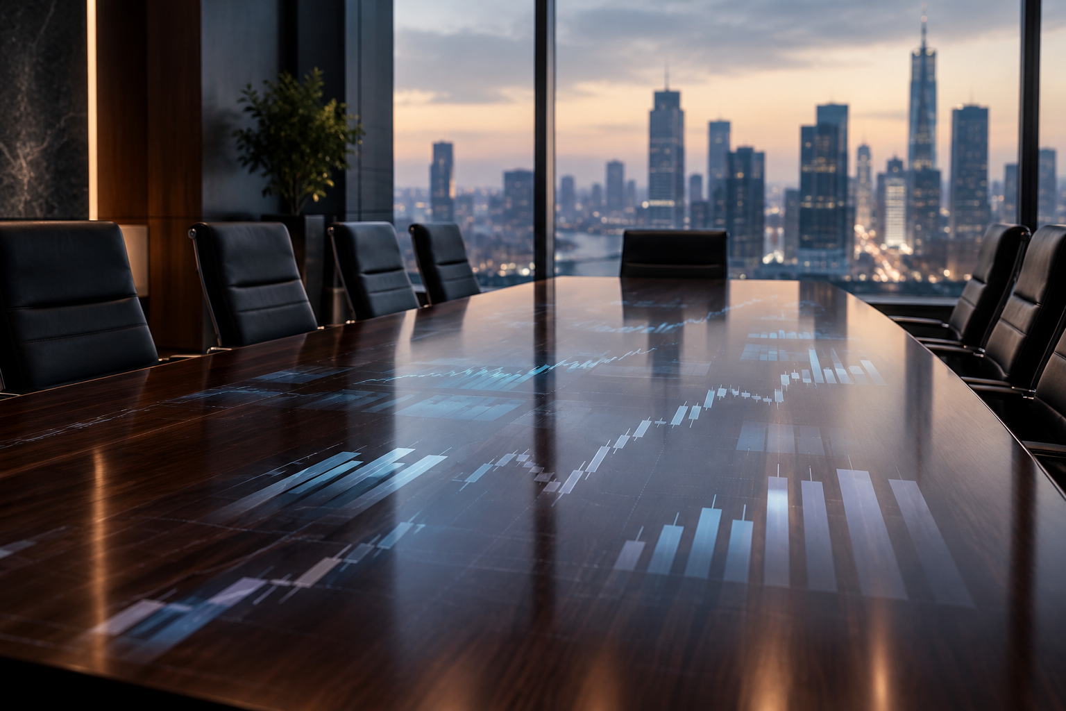 Editorial illustration of a formal conference setting with abstract representations of market data on a polished table.