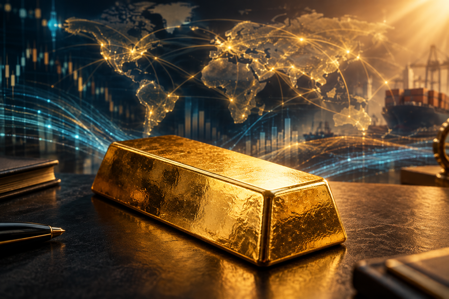 Editorial illustration of a polished gold ingot set against a backdrop of abstract global financial networks, symbolizing Hong Kong's ambition as a gold trading center.