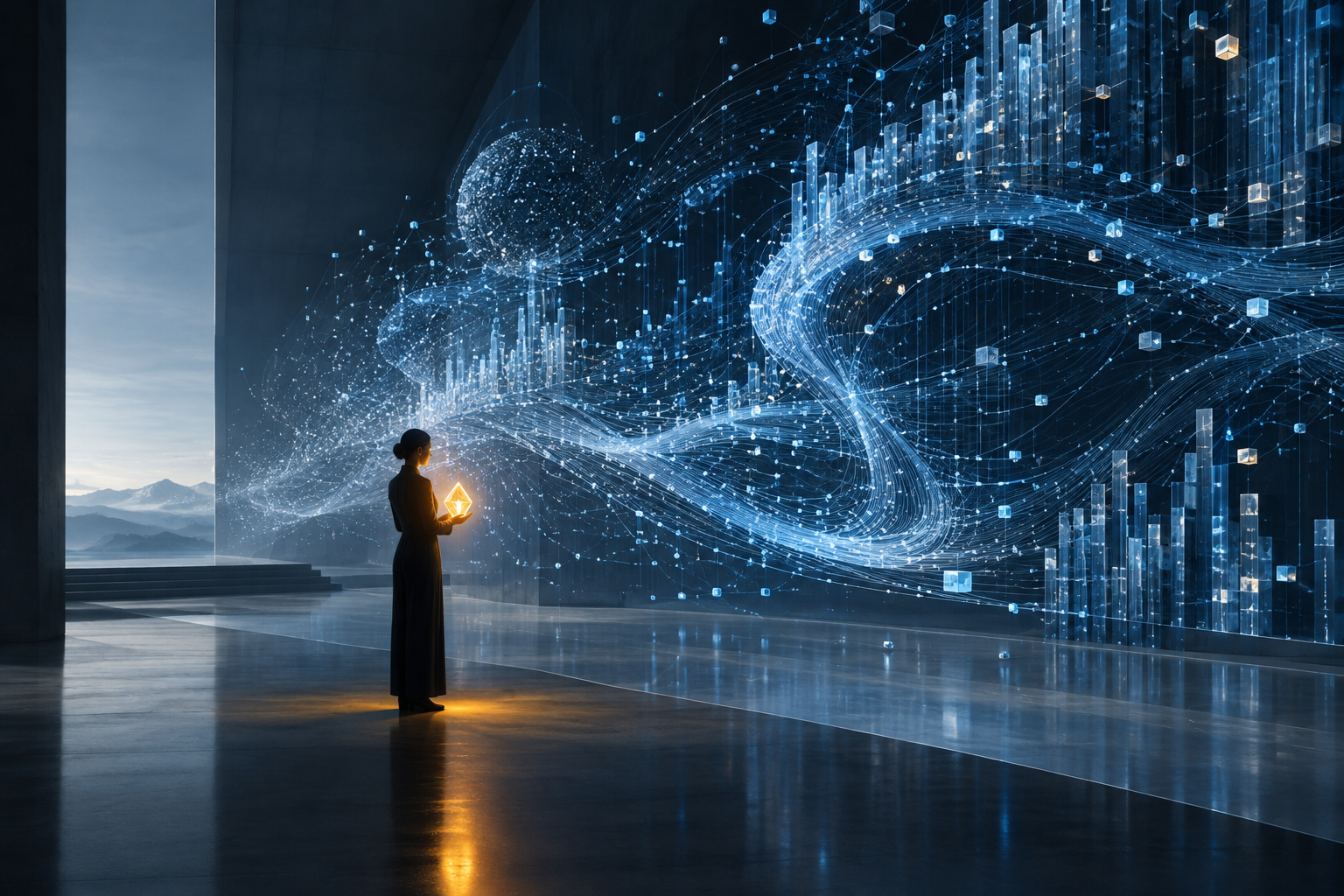 Editorial illustration depicting human judgment guiding complex artificial intelligence data streams.