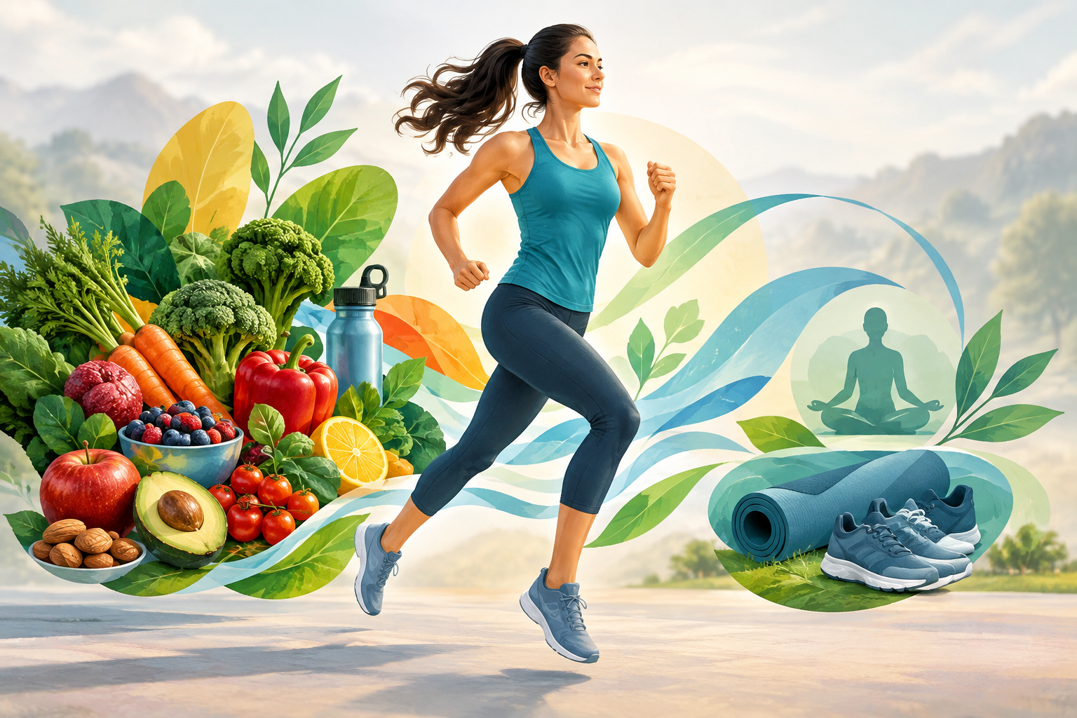 Conceptual illustration of holistic health, balancing physical activity and nutrition.