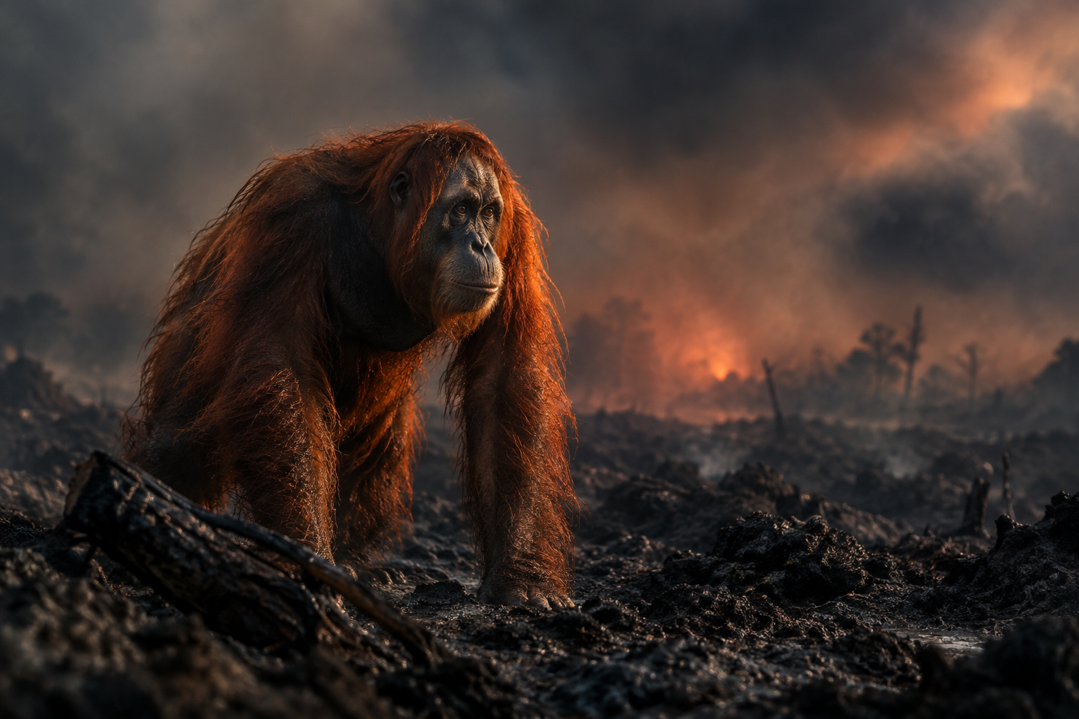 A detailed illustration of an orangutan amidst dark, ash-covered earth under dramatic, smoky lighting.