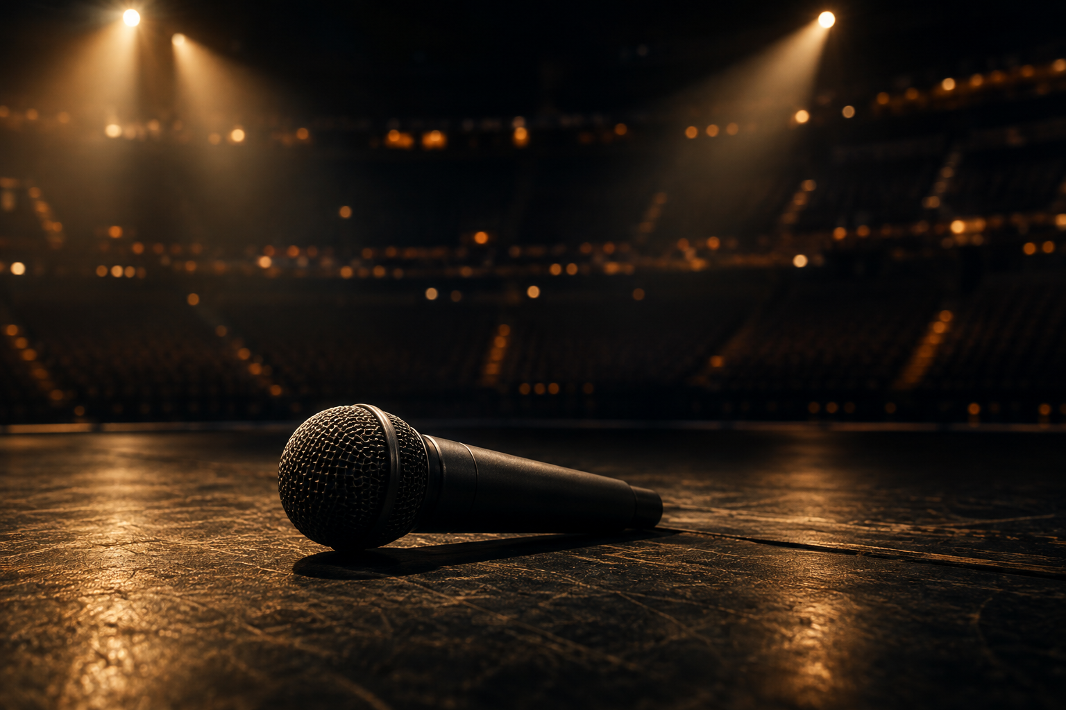 A solitary microphone on a dark stage under dramatic spotlight, symbolizing an impromptu performance.