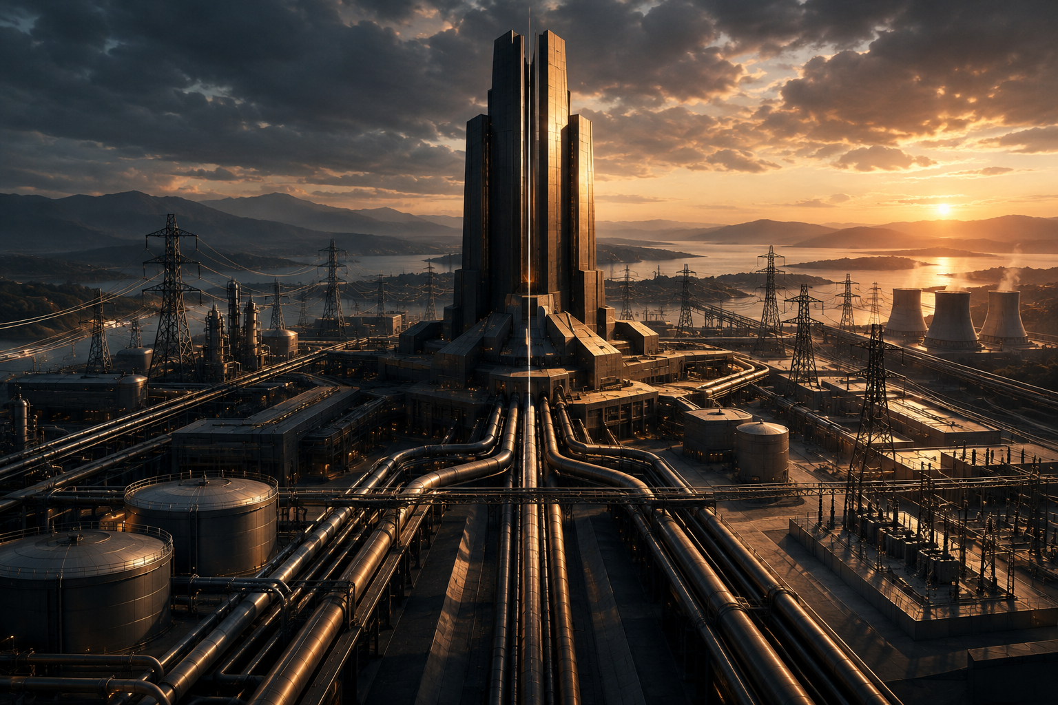 Editorial illustration depicting abstract, powerful energy infrastructure and strategic governance.