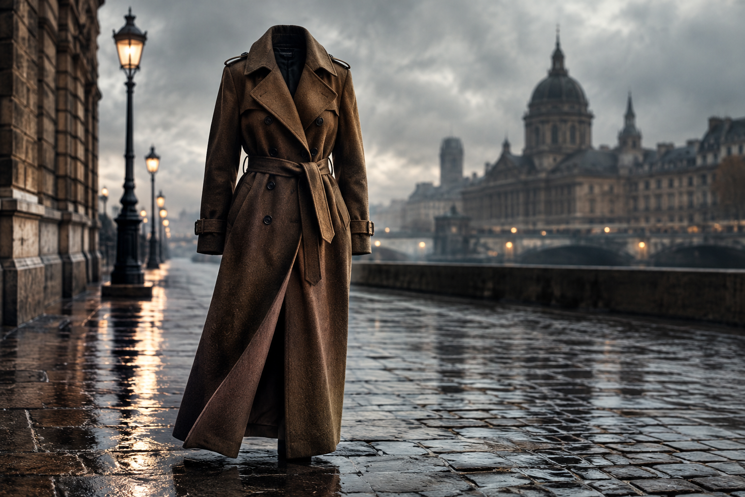 Editorial illustration of a trench coat displayed on a wet, cobblestone street in a metropolitan setting, emphasizing texture and urban atmosphere.