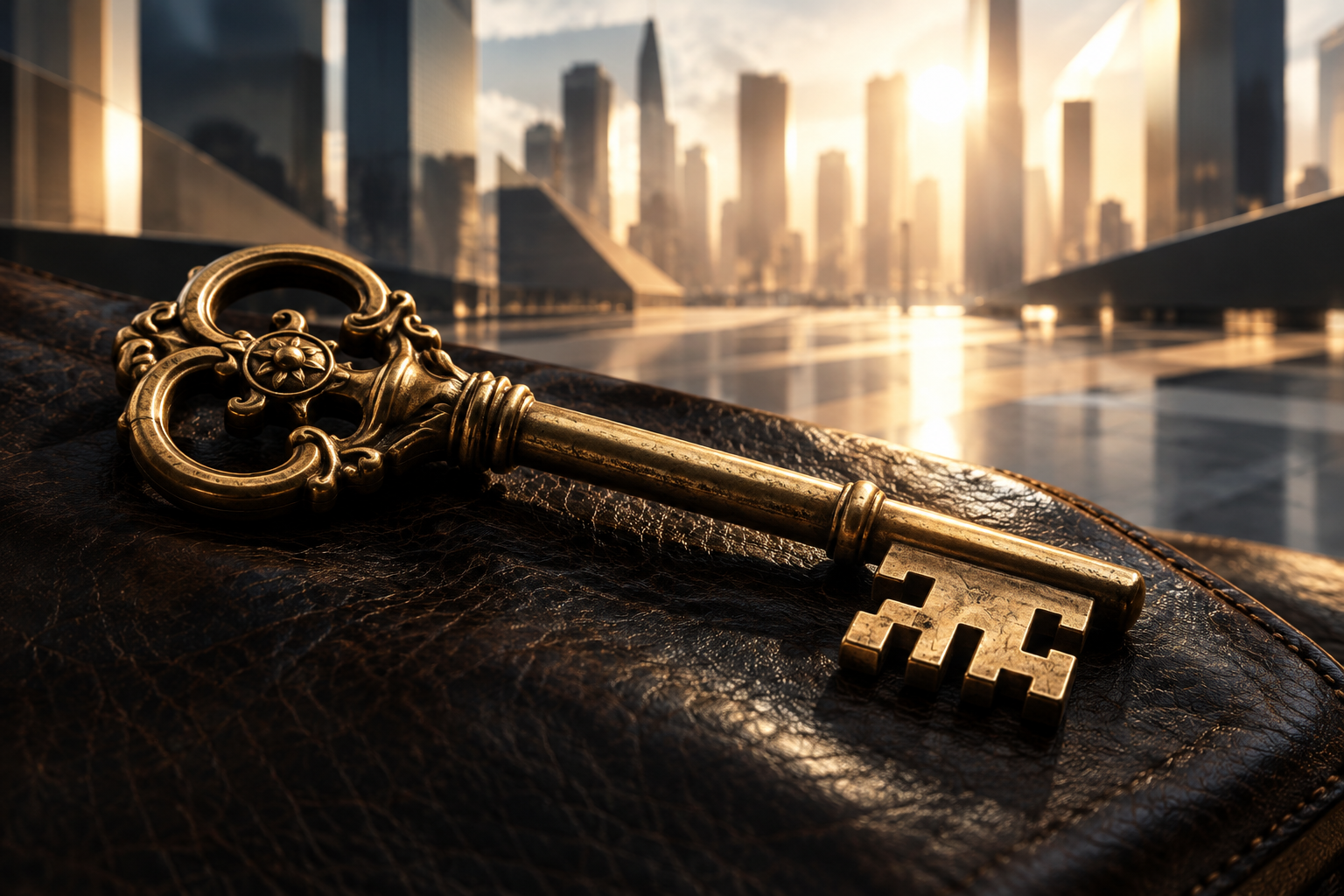 Editorial illustration of a detailed brass key resting on aged leather, set against a softly blurred, grand urban backdrop.