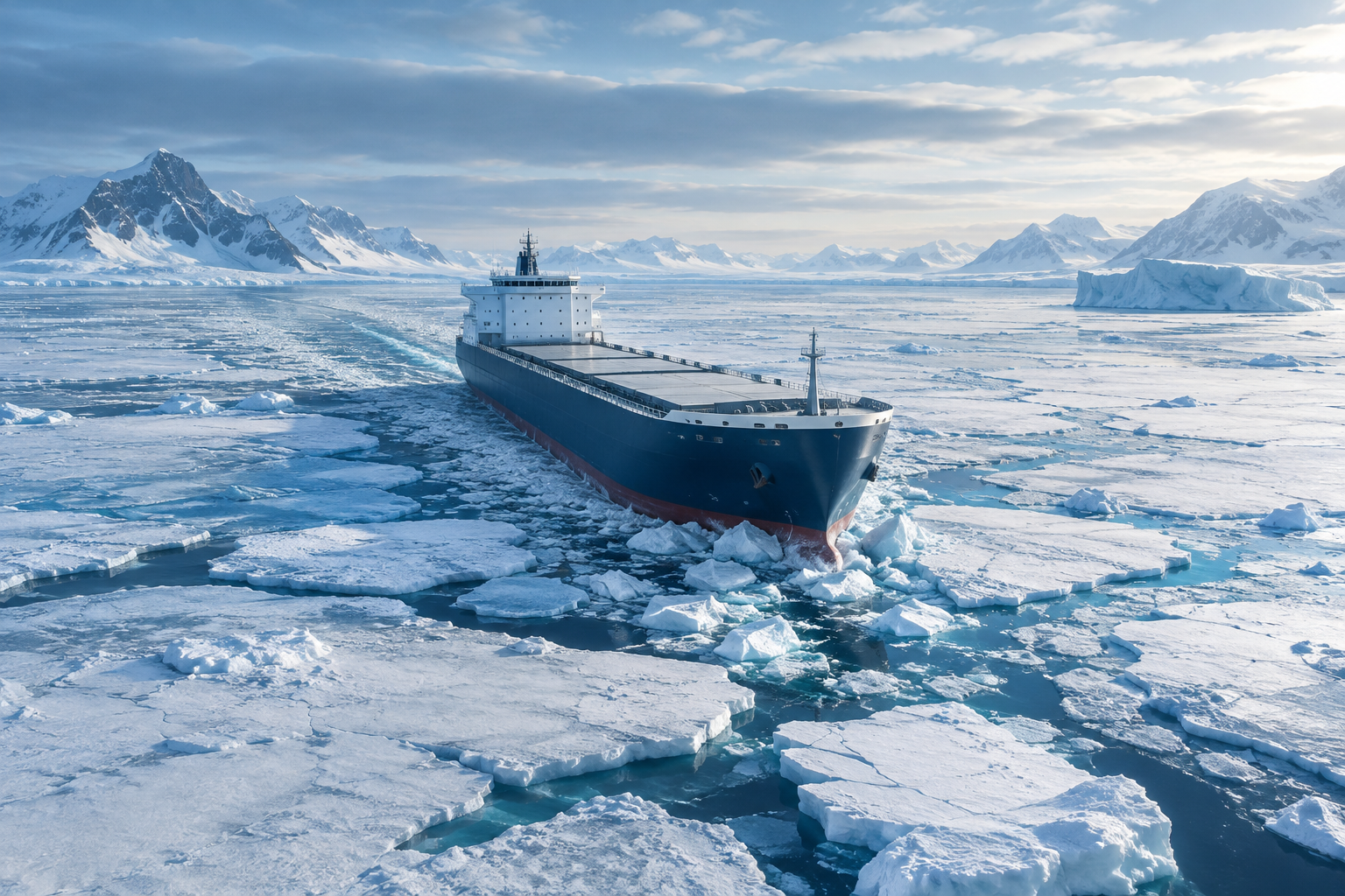 Conceptual illustration of a cargo vessel navigating an icy Arctic route, emphasizing the scale and environmental context.