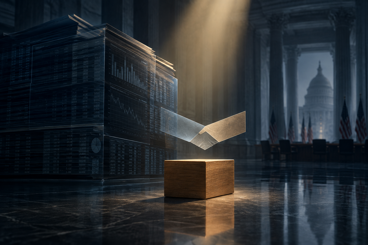 Editorial illustration depicting a conceptual negotiation over corporate financial stability, featuring a central data structure under focused light and a symbolic meeting of planes.